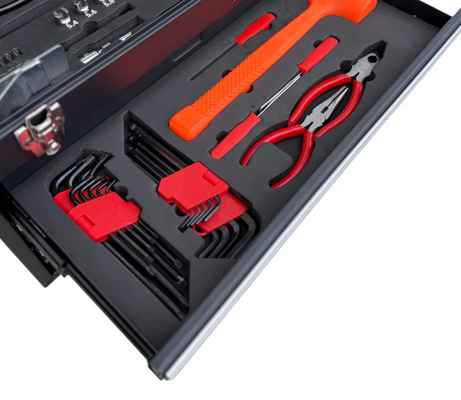 MOTO REPAIR TOOL BOX CHEST 3 DRAWERS WITH 129 TOOLS IN FOAM CUT OUTS thumbnail 5