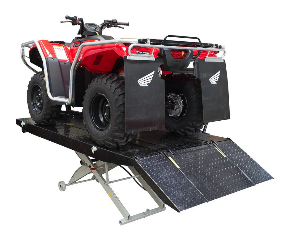 HEAVY DUTY 700KG MOTORCYCLE AND ATV WORKSHOP AIR LIFT WITH REMOVABLE SIDE EXTENSIONS image 1