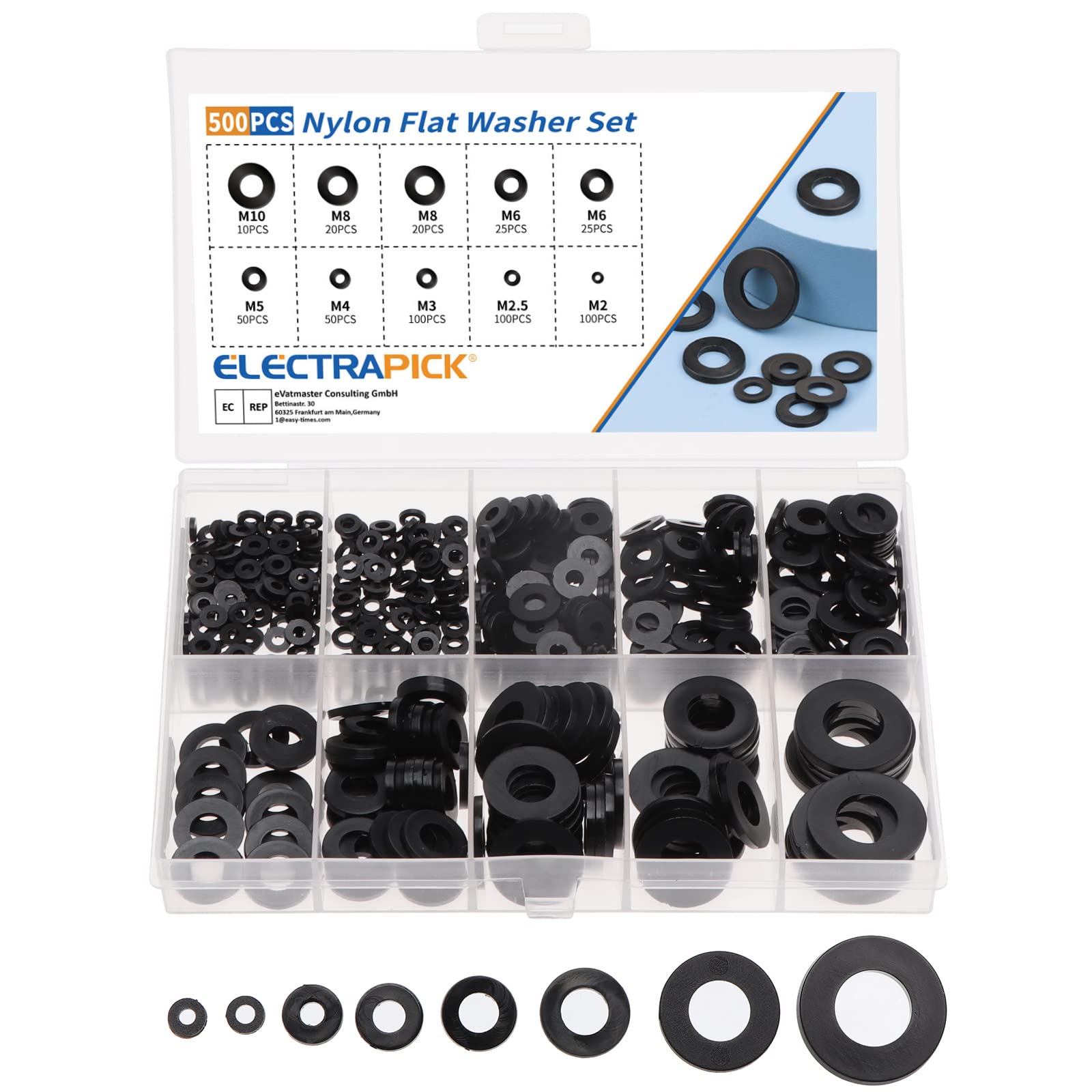 500Pcs NYLON FLAT WASHERS ASSORTMENT KIT 8 SIZES M2 M2.5 M3 M4 M5 M6 M8 M10 image 1