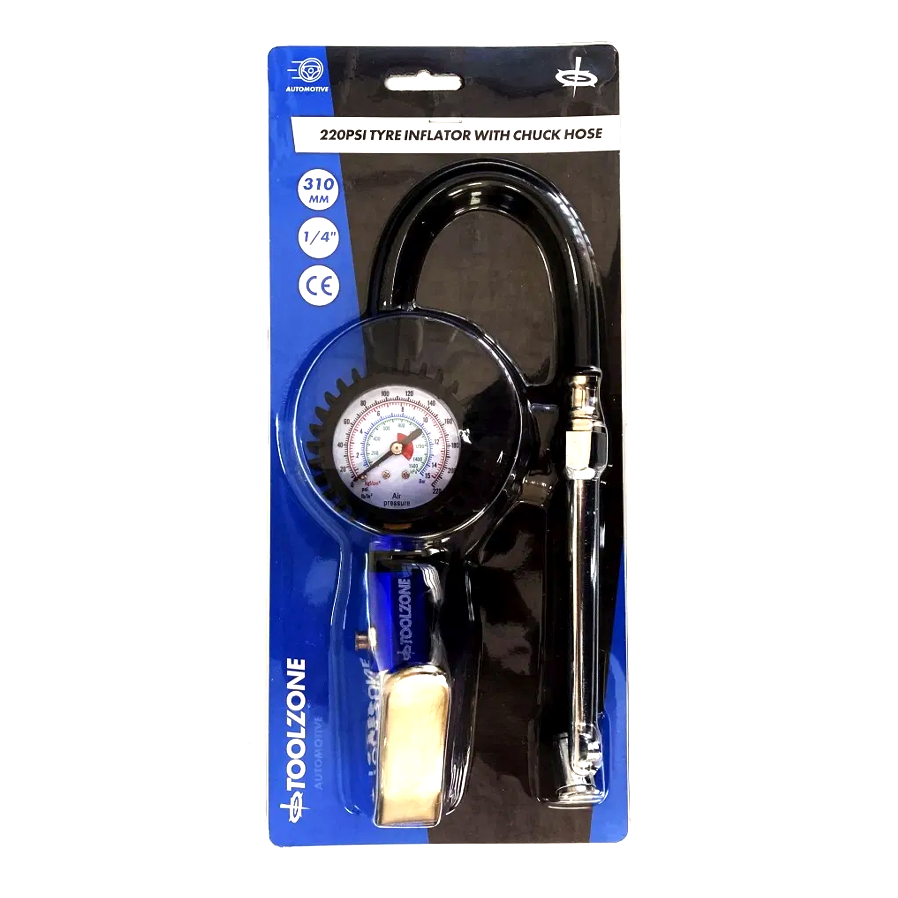 TYRE INFLATOR WITH CHUCK HOSE 220psi 1/4 AIR INLET 310mm HOSE - TOOLZONE KDPAU361 thumbnail 3