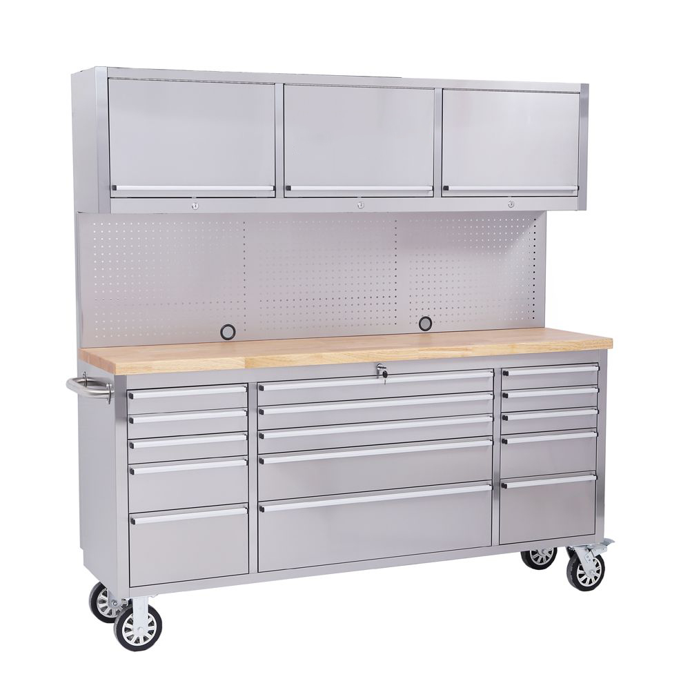 72 Stainless Steel 15 Drawer Tool Chest with Solid Wooden Top, 3 Upper Cabinets and Peg Board thumbnail 2