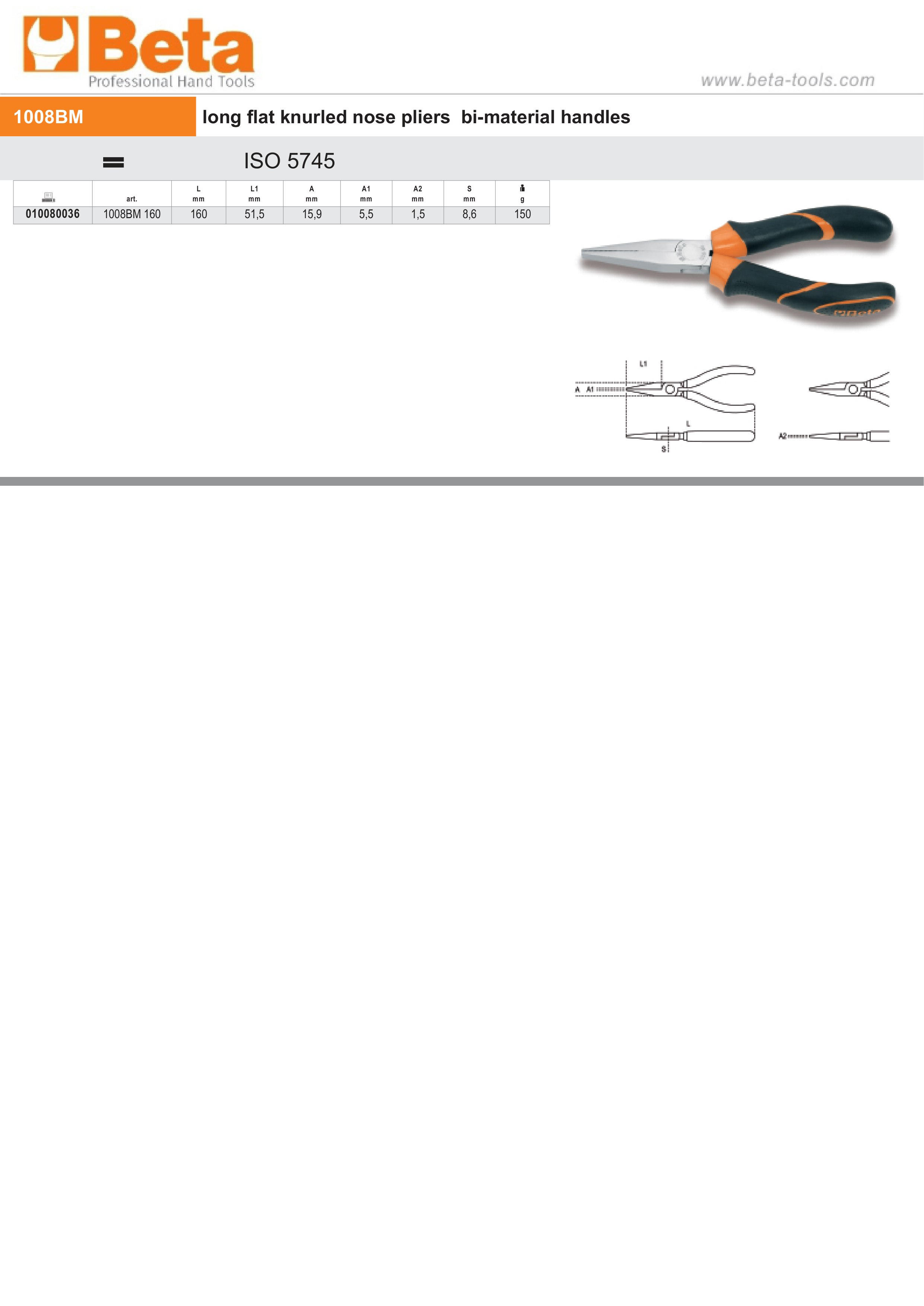 Long Flat Knurled Nose Pliers Bi-Material Handles 160mm - Beta Tools 1008BM 160 thumbnail 2