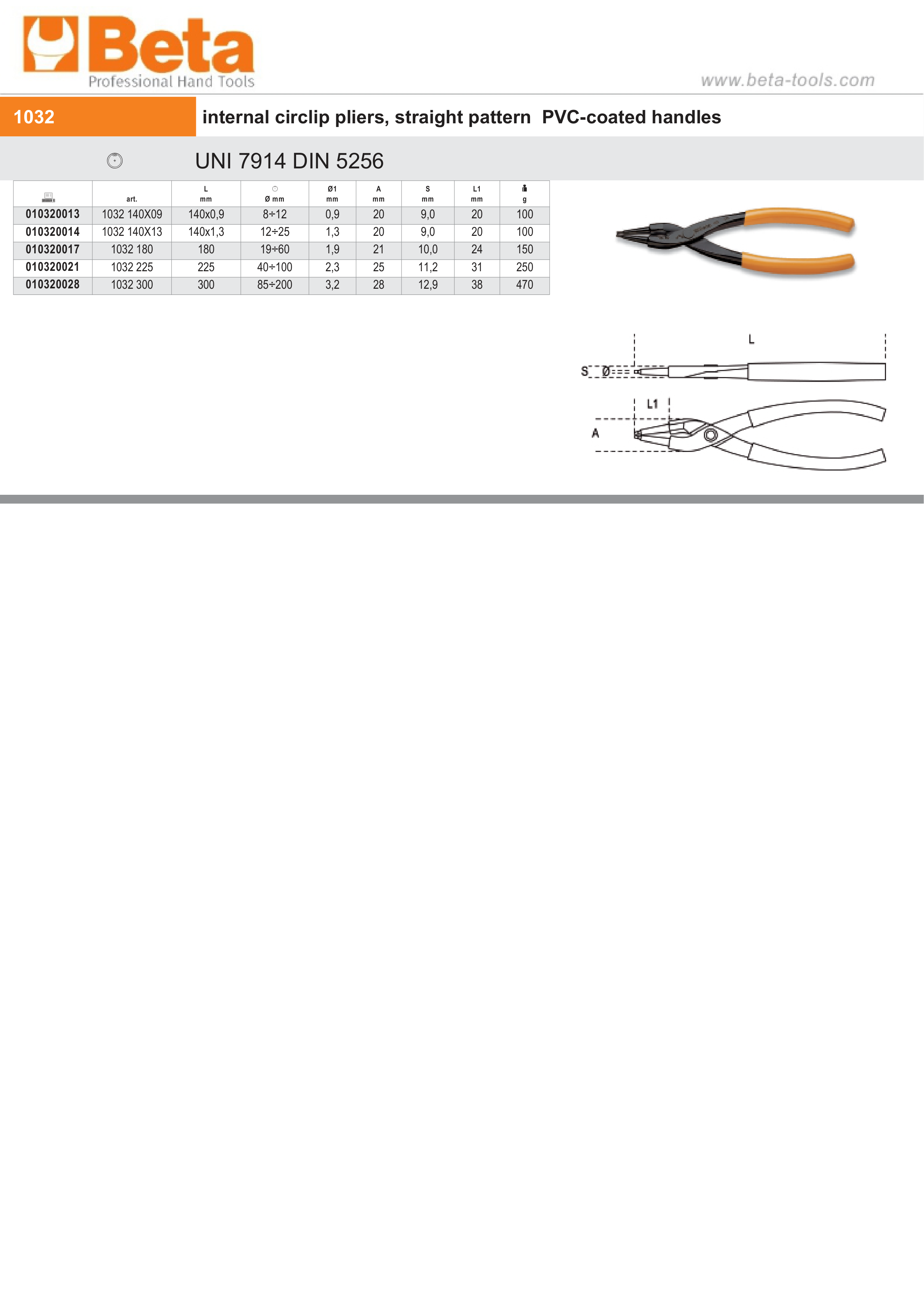 Internal Circlip Pliers Straight Pattern PVC Handles 180mm - Beta Tools 1032 180 thumbnail 4