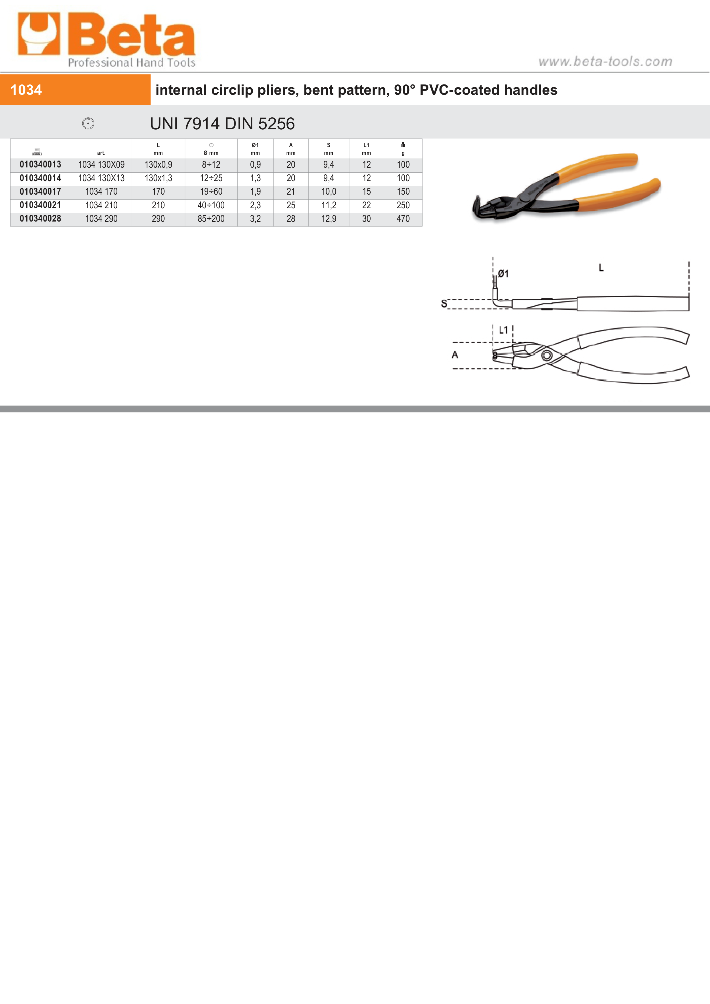 Internal Circlip Pliers Bent 90 Pattern PVC Handles 170mm - Beta Tools 1034 170 thumbnail 4