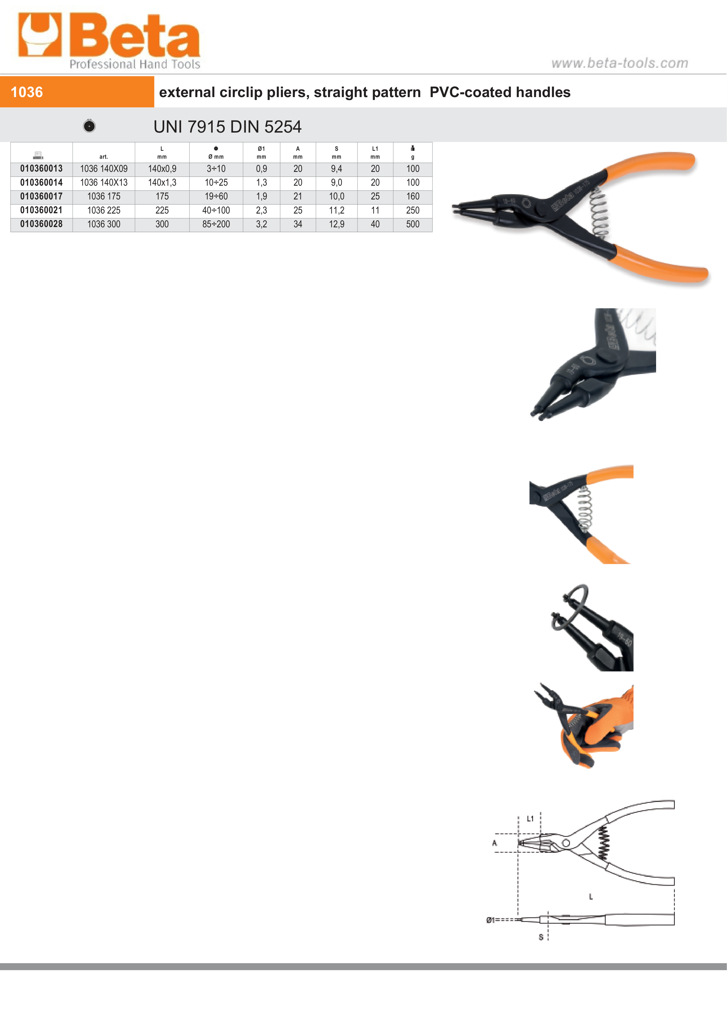 External Circlip Pliers Straight Pattern PVC Handles 175mm - Beta Tools 1036 175 thumbnail 7