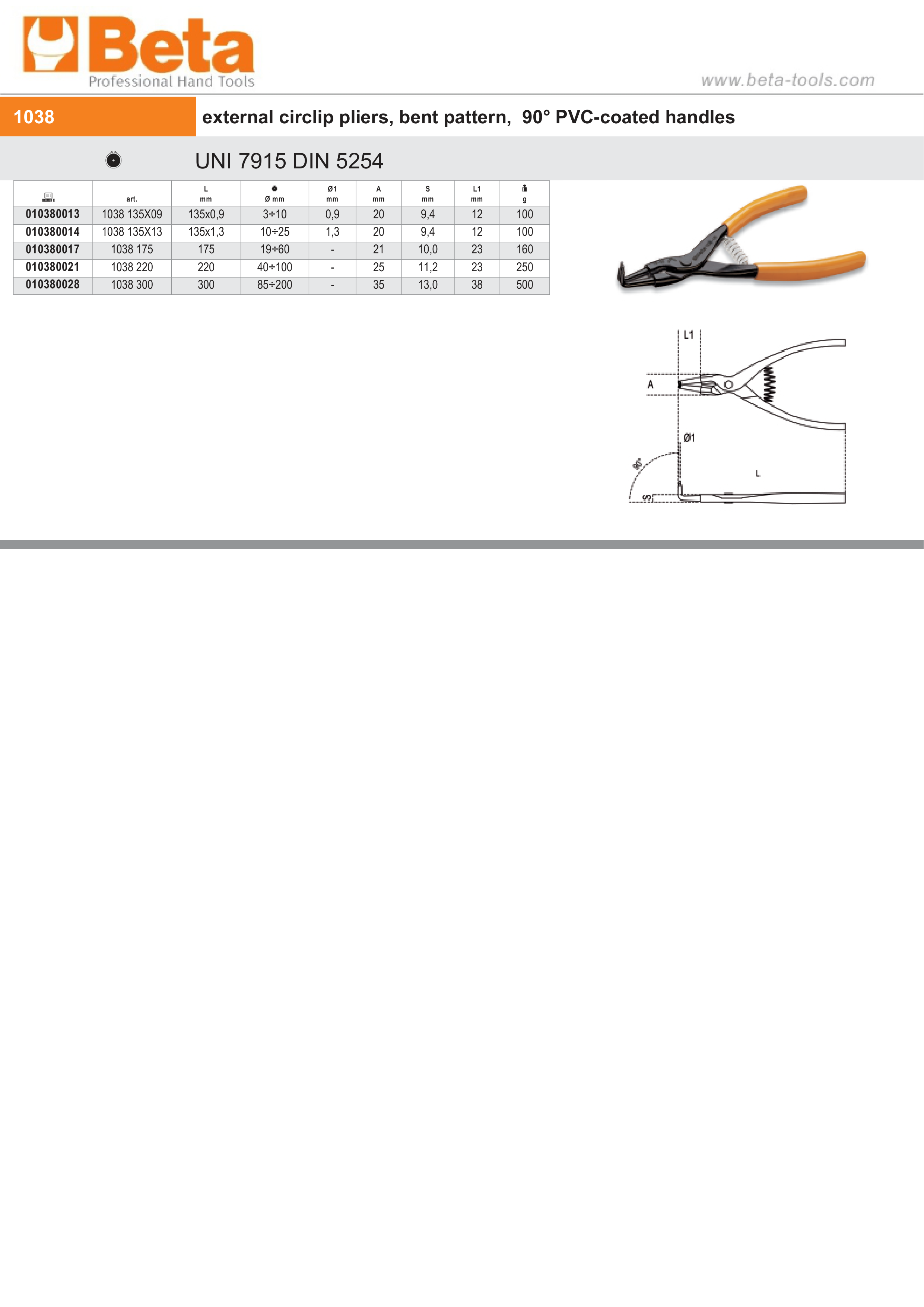 External Circlip Pliers Bent 90 PVC Handles 175mm - Beta Tools 1038 175 thumbnail 2