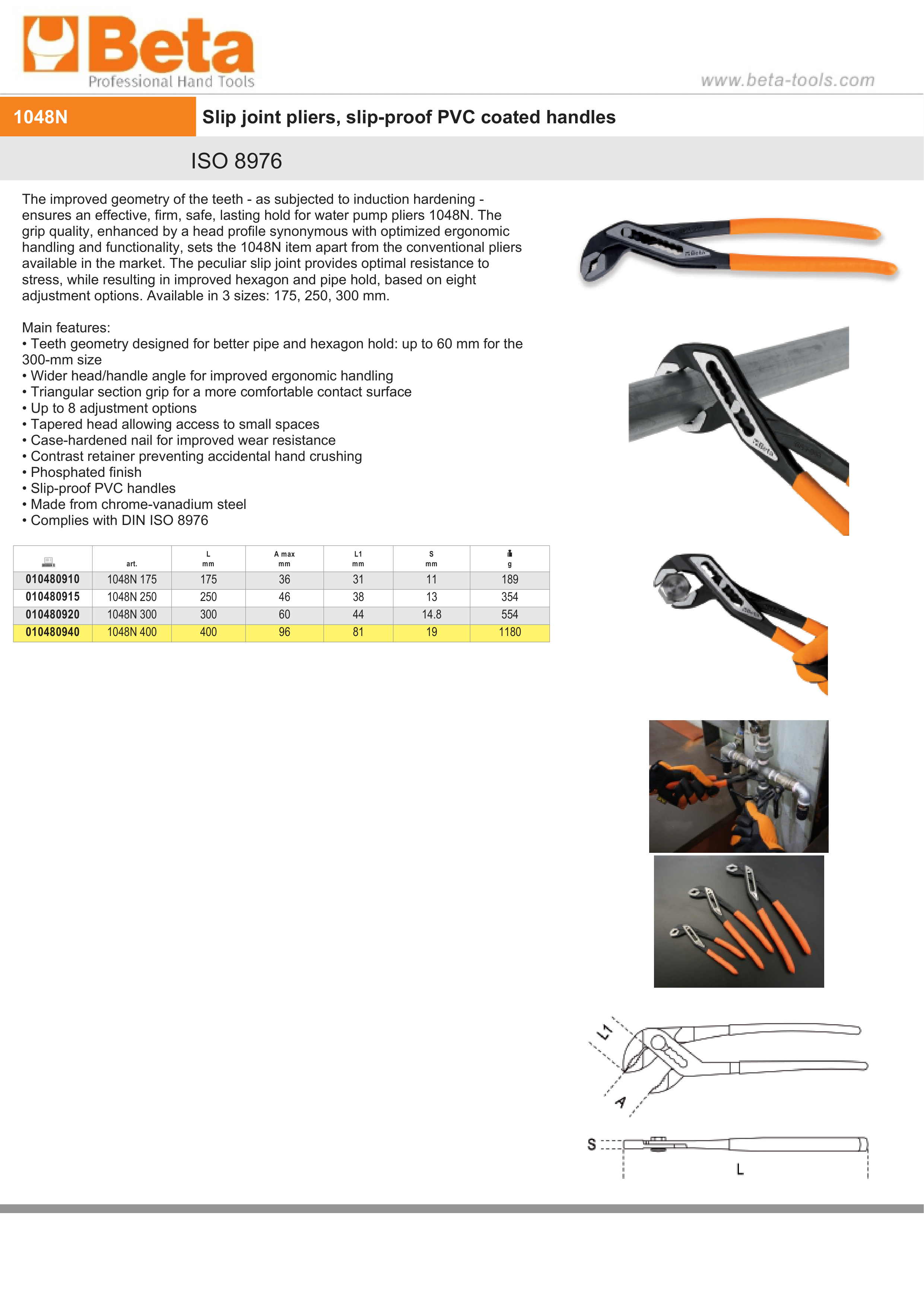 Slip Joint Pliers Slip-Proof PVC Coated Handles 250mm - Beta Tools 1048N 250 thumbnail 5