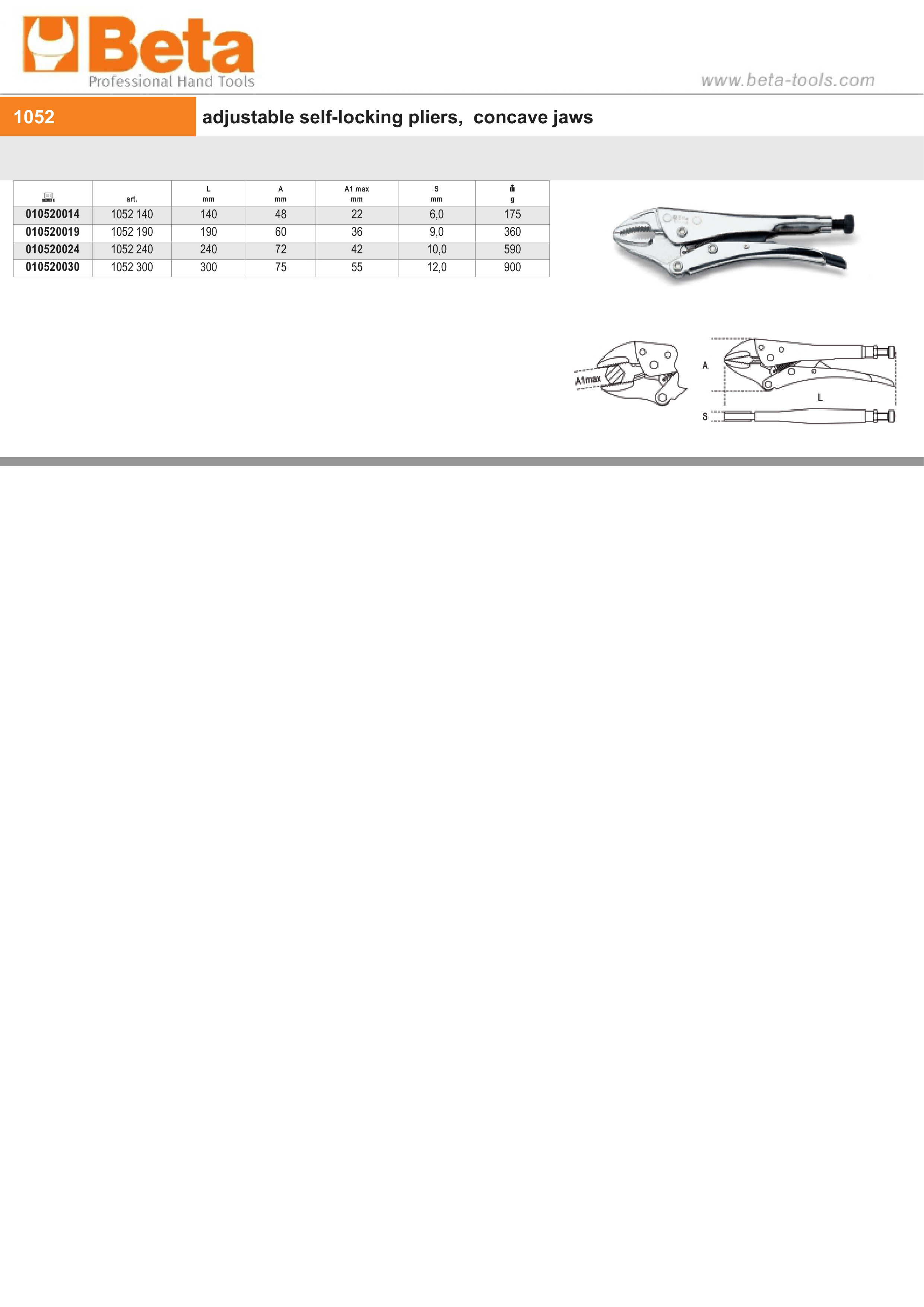 Adjustable Self-Locking Pliers Concave Jaws 240mm - Beta Tools 1052 240 thumbnail 2