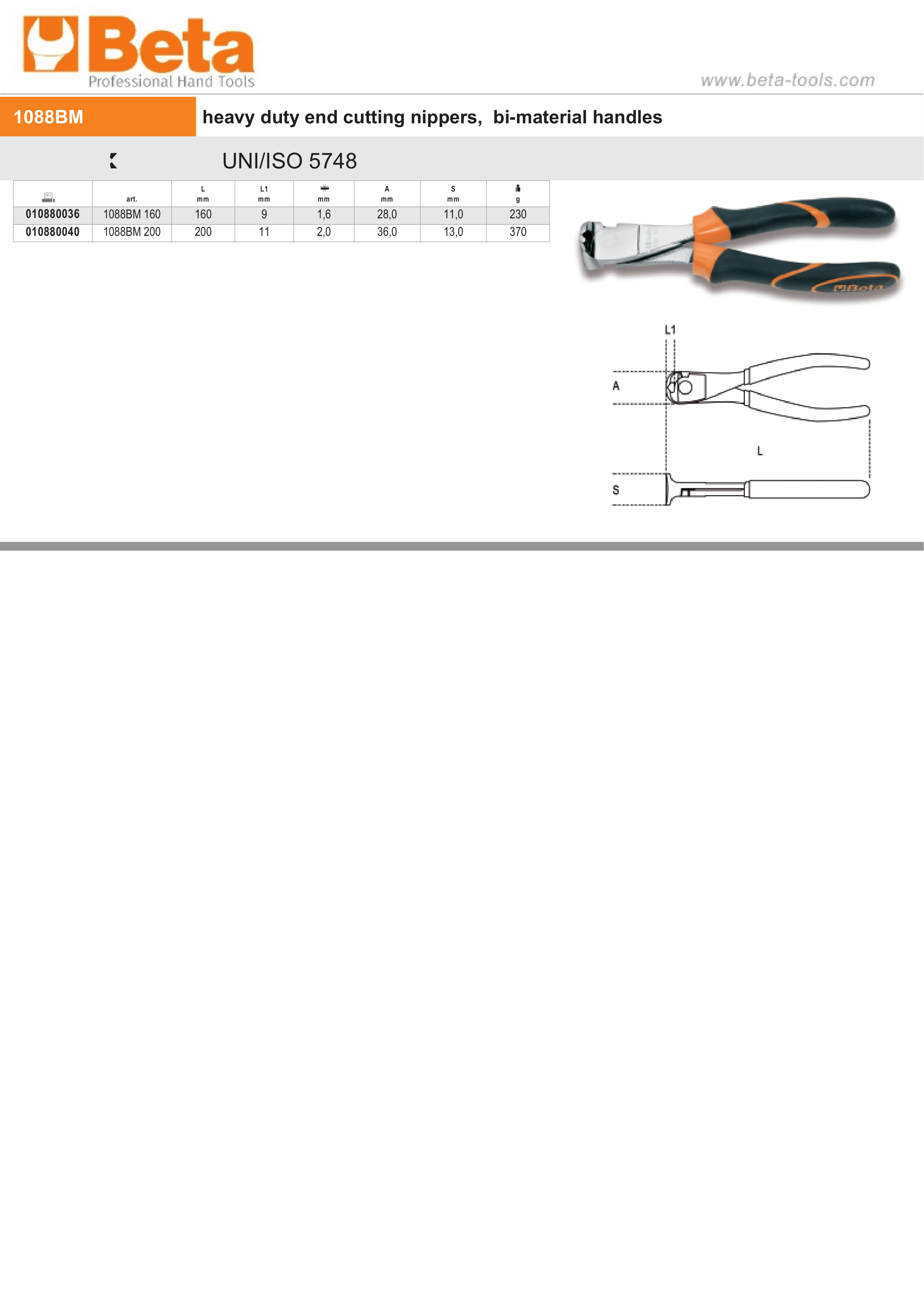 Heavy Duty End Cutting Nippers Bi-Material Handles 160mm - Beta Tools 1088BM 160 thumbnail 3