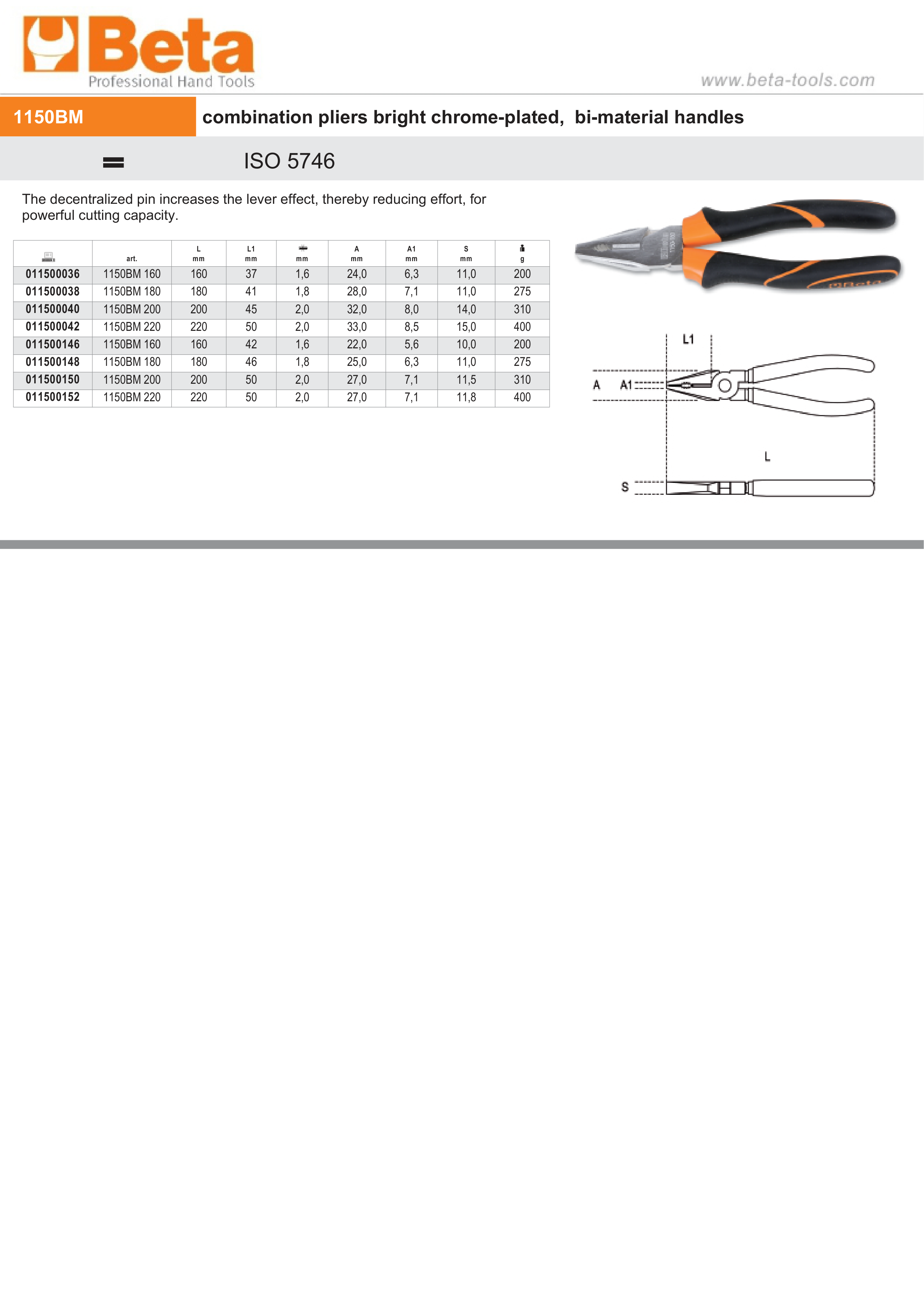 Combination Pliers Chrome-Plated with Bi-Material Handles 180mm Length - Beta Tools 1150BM 180 thumbnail 4