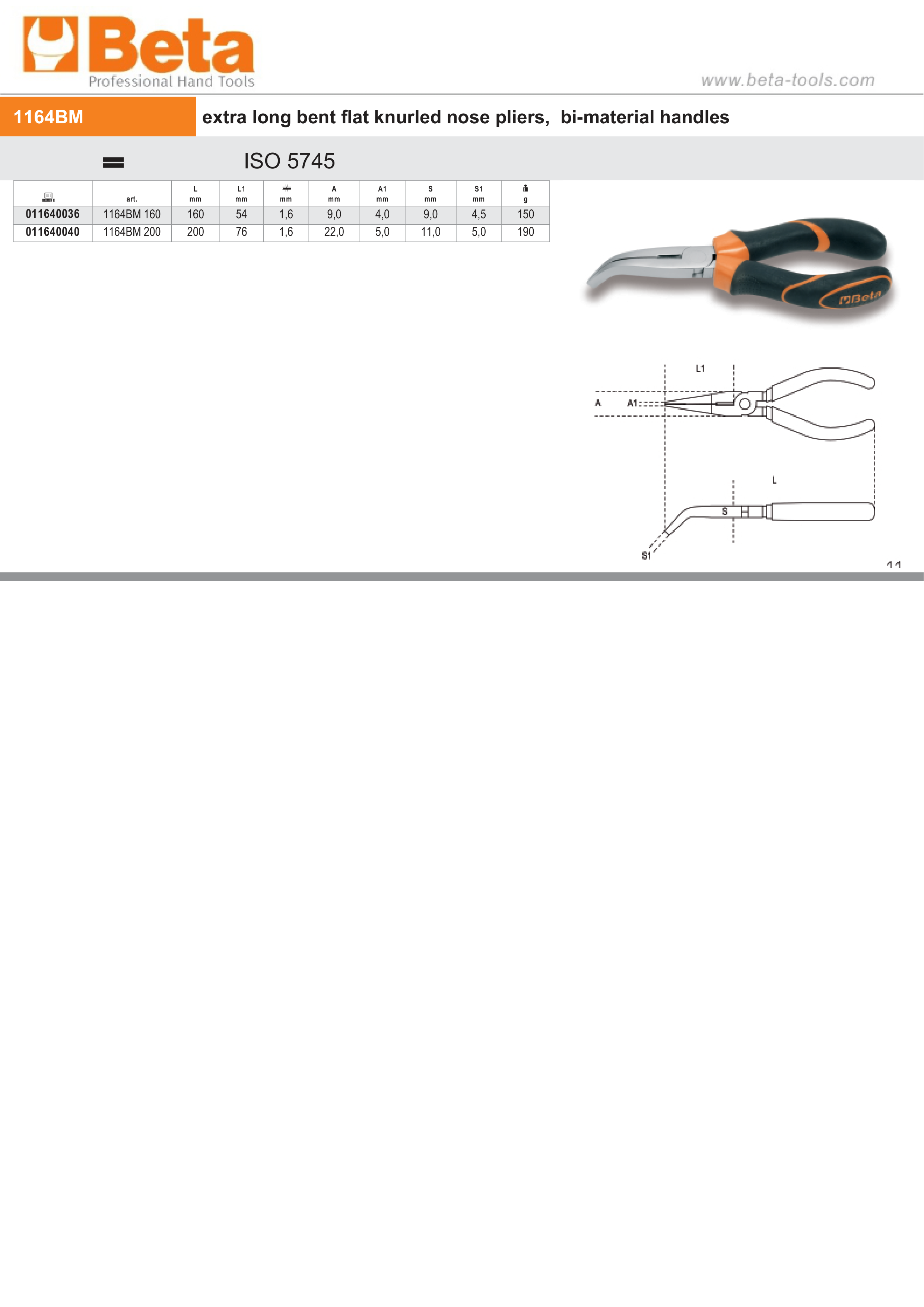 Extra-Long Bent Flat Knurled Nose Pliers Bi-Material Handles 160mm Length - Beta Tools 1164BM 160 thumbnail 3