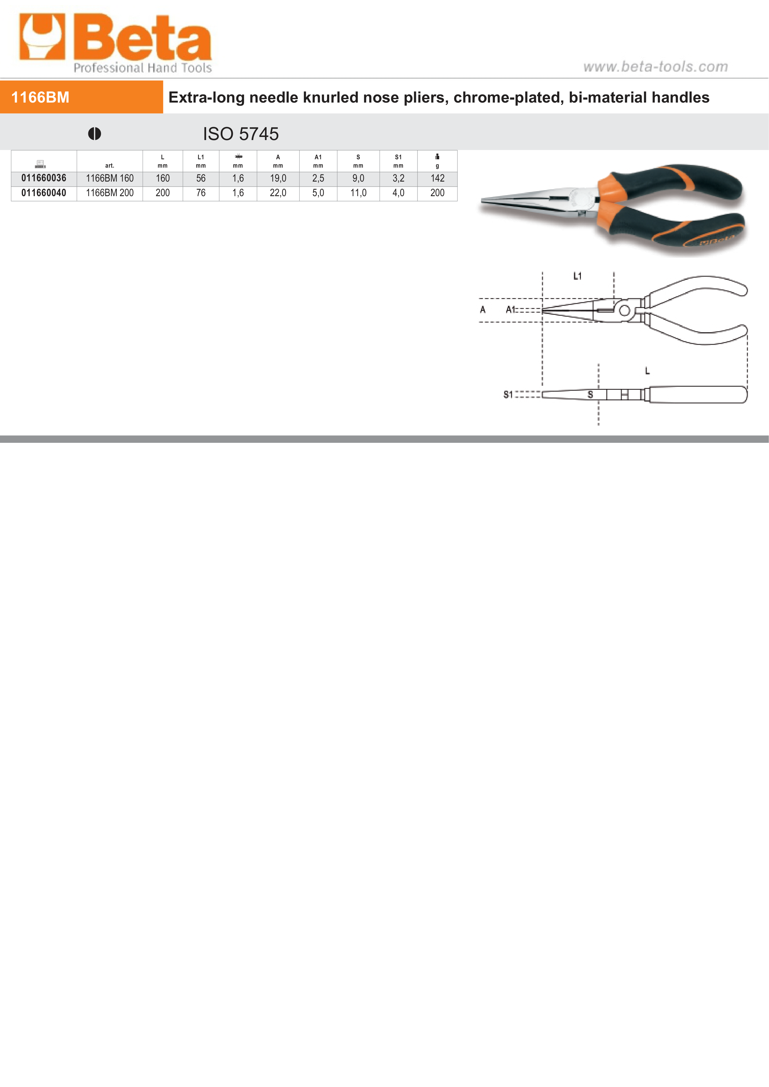 Extra-Long Needle Knurled Nose Pliers Chrome-Plated Bi-Material Handles 160mm Length - Beta Tools 1166BM 160 thumbnail 2