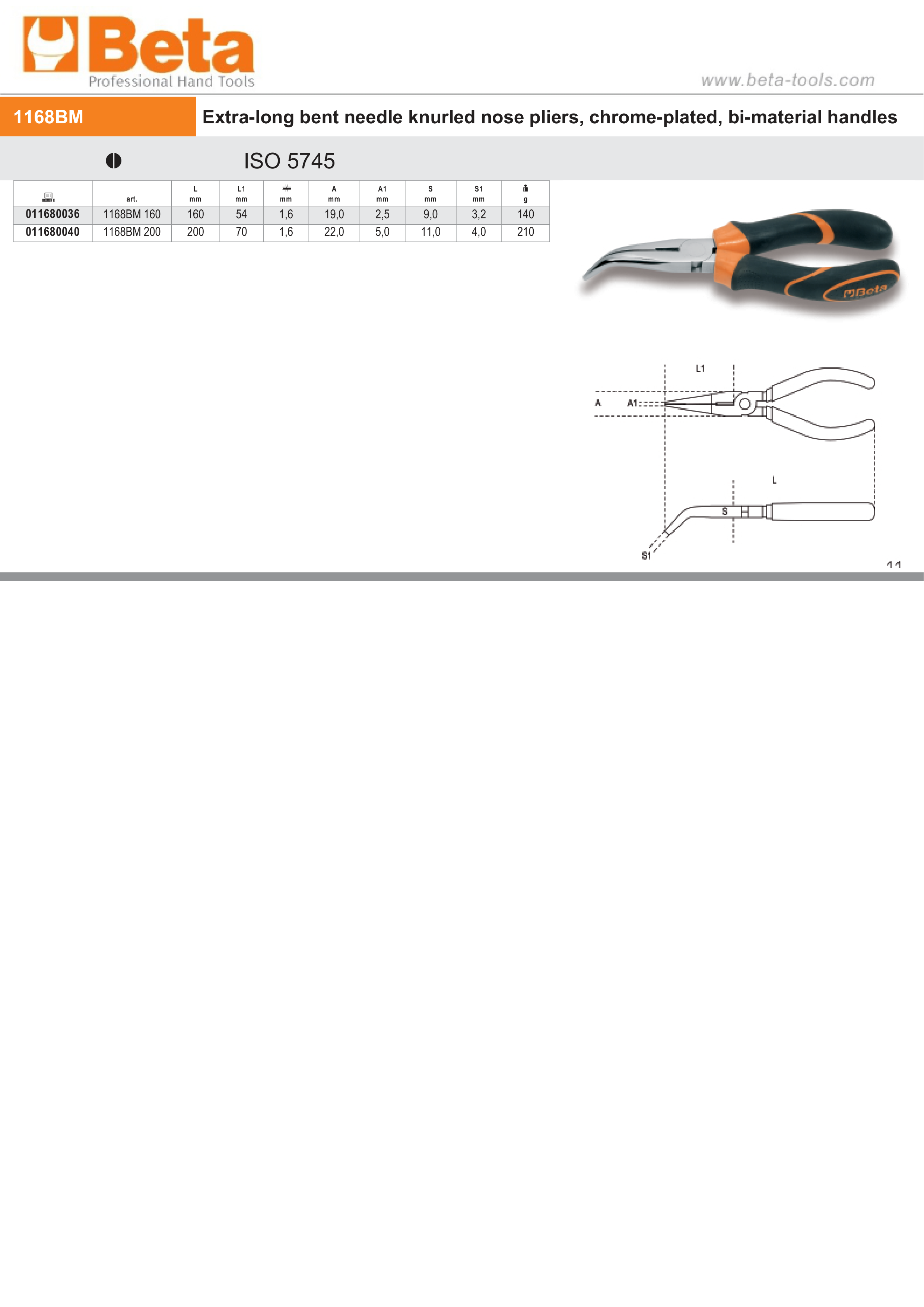 Extra-Long Bent Needle Knurled Nose Pliers Chrome-Plated Bi-Material Handles 160mm Length - Beta Tools 1168BM 160 thumbnail 2