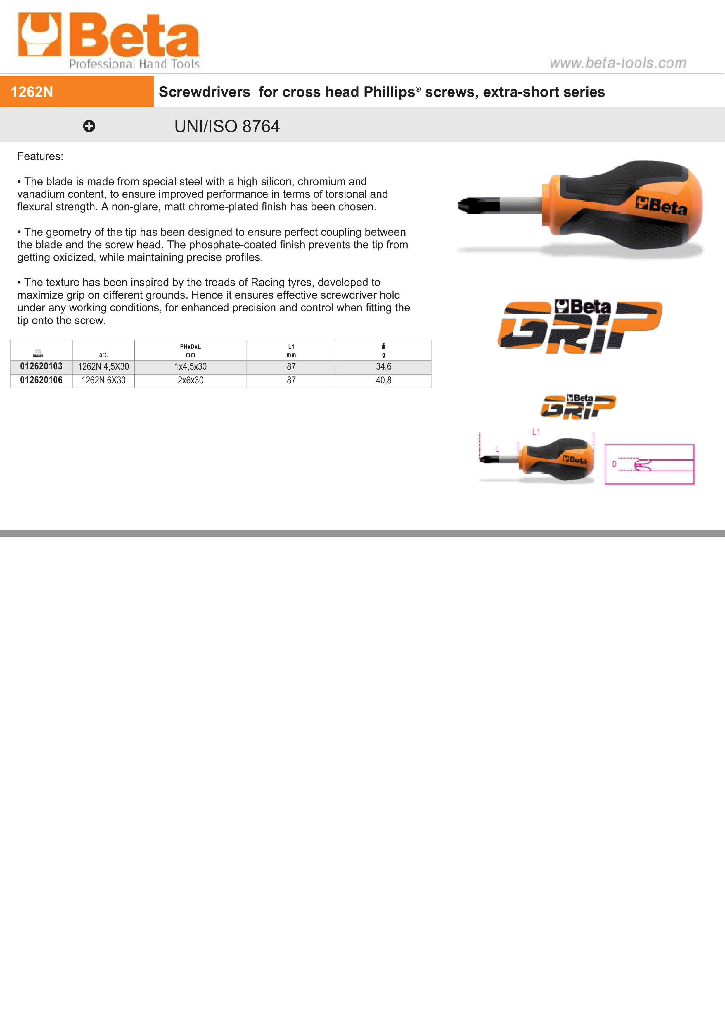 Screwdriver for Cross Head Phillips Screws Extra-Short PH1 4.5mm 30mm Length - BetaGRIP 1262N 4,5X30 thumbnail 4
