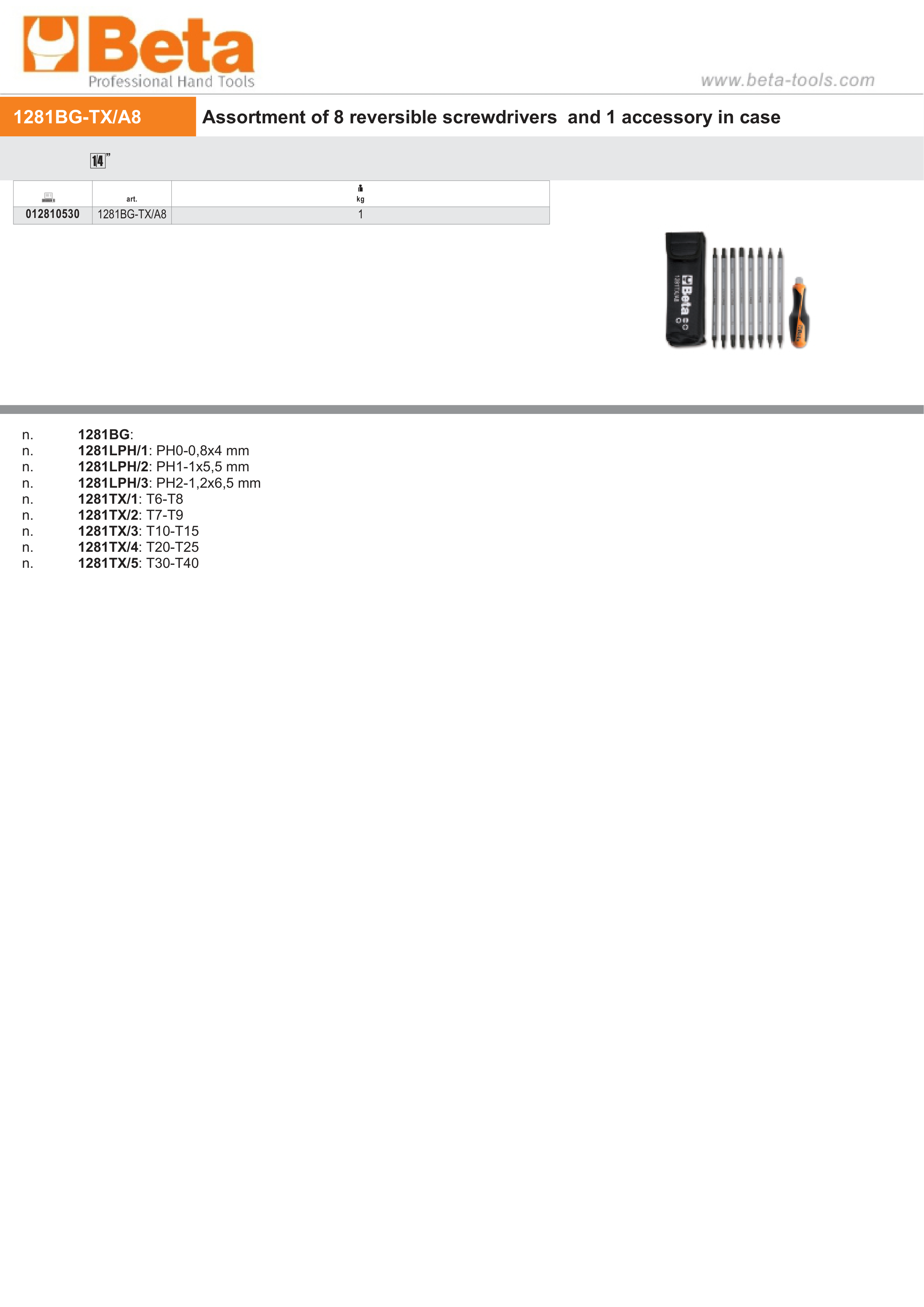8 Reversible Screwdrivers 1 Accessory in Case - Beta Tools 1281BG-TX/A8 thumbnail 2