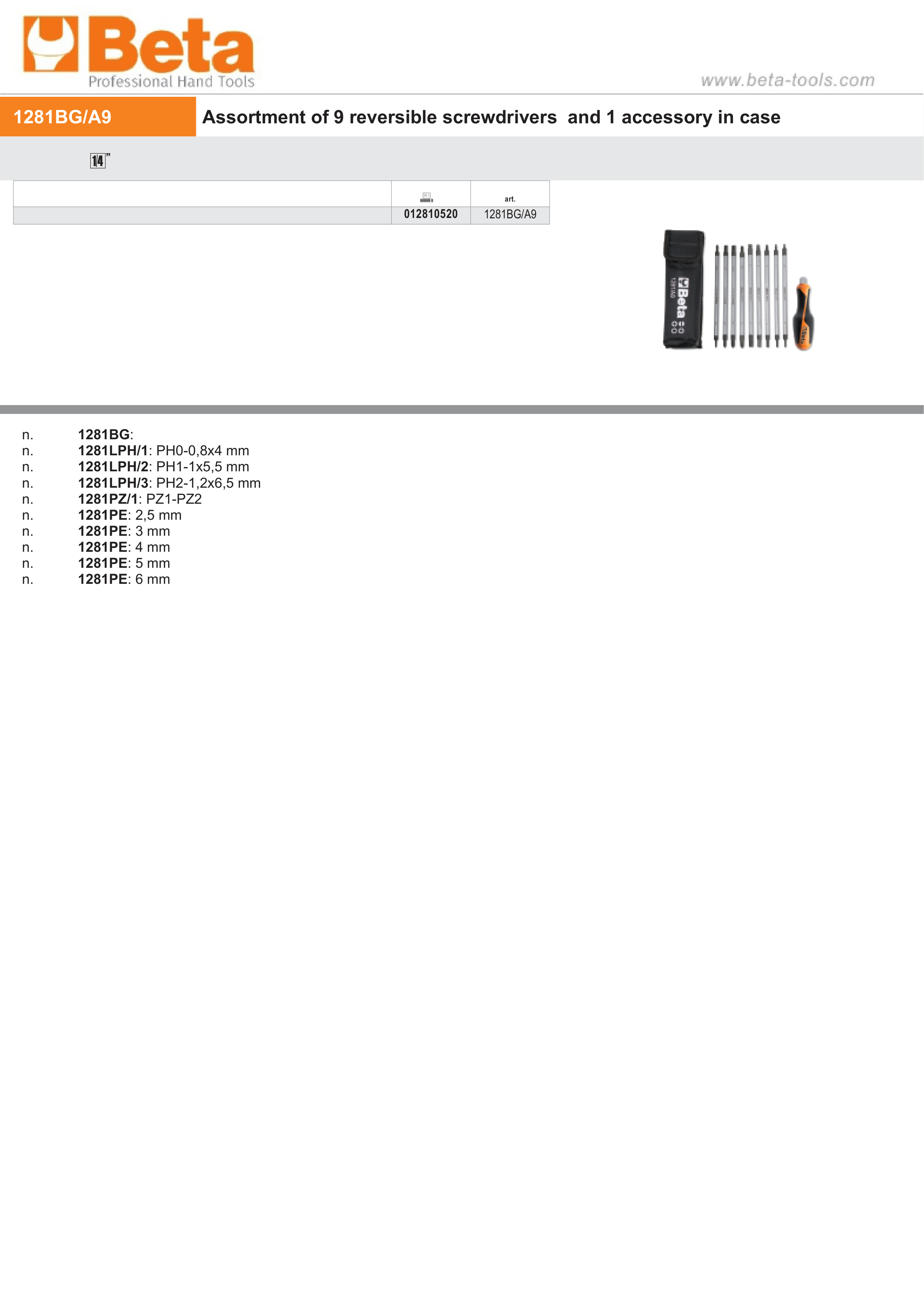 9 Reversible Screwdrivers 1 Accessory in Case - Beta Tools 1281BG/A9 thumbnail 2
