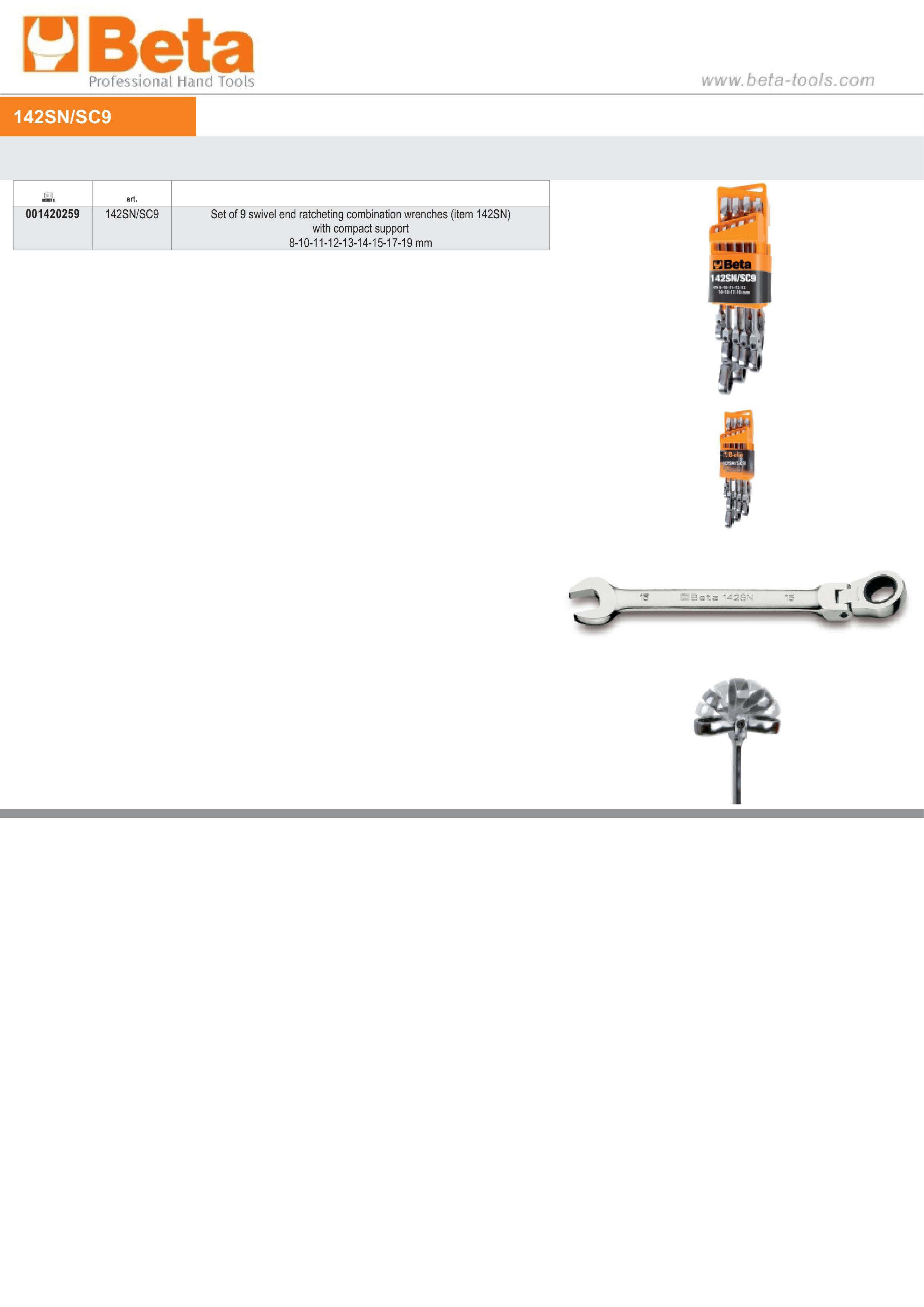 Swivel End Ratcheting Combination Spanner Wrench Set 8mm - 19mm (9 Pieces) - Beta Tools 142SN/SC9 thumbnail 3