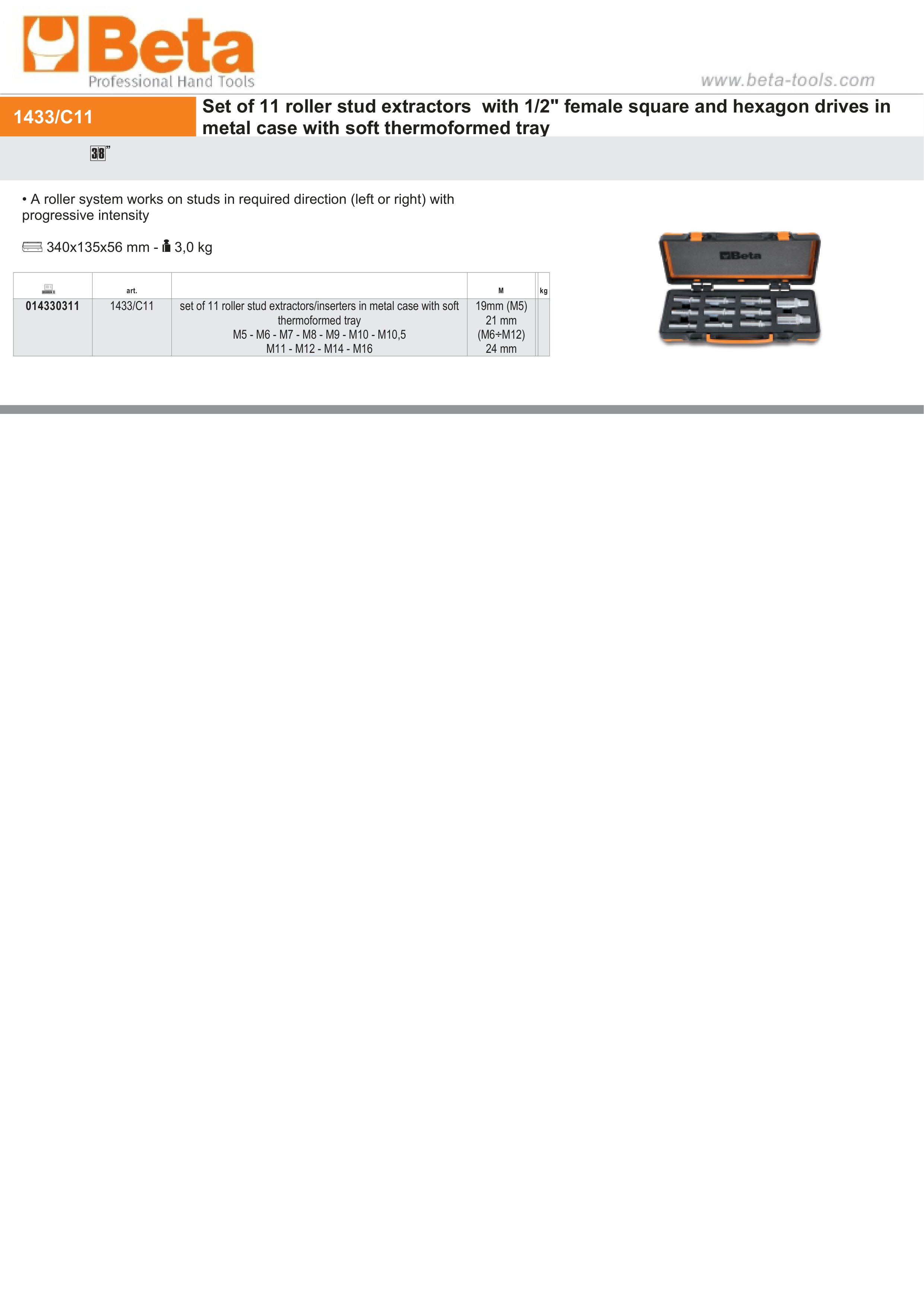 Set of 11 Roller Stud Extractors/Inserters M5 - M16 with Metal Case - Beta Tools 1433/C11 thumbnail 2