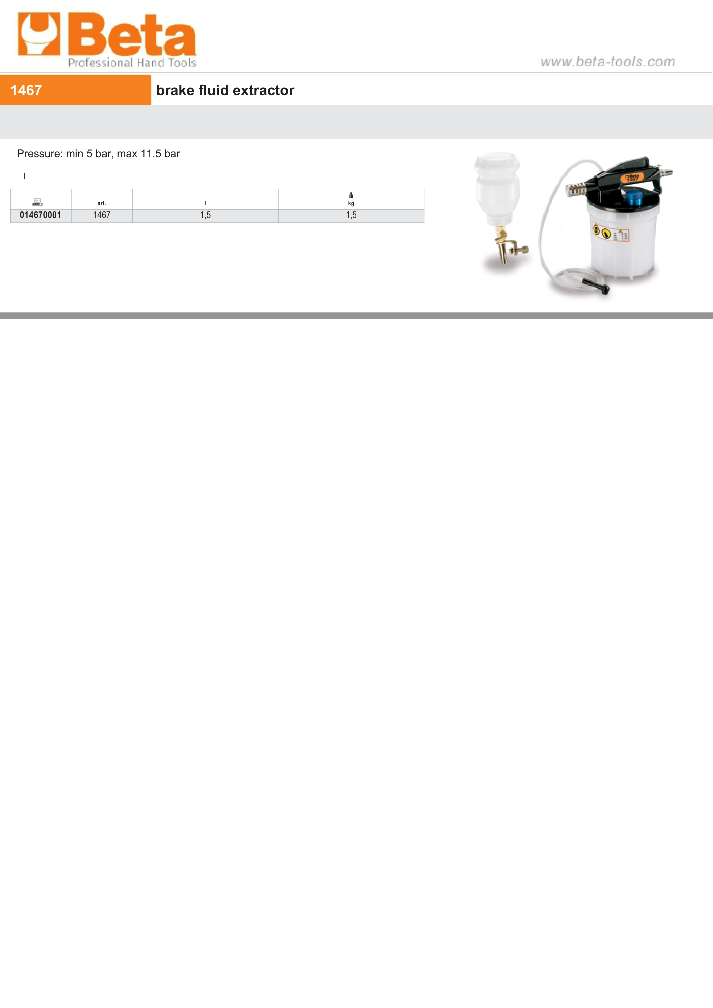 Brake Fluid Extractor 1.5L 5-11.5 Bar - Beta Tools 1467 thumbnail 3