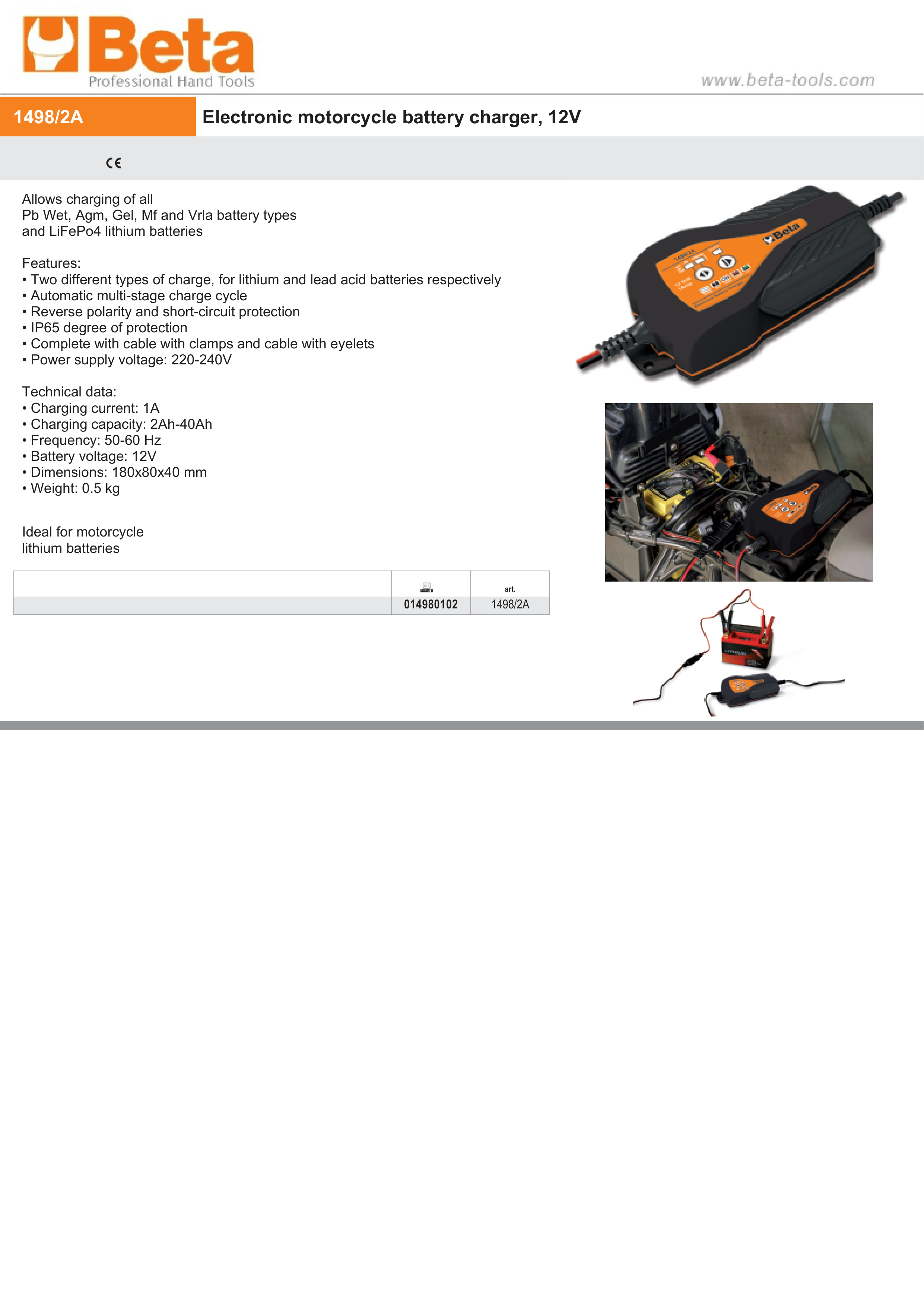 Electronic Motorcycle Battery Charger 12V 1A 2Ah - 40Ah - Beta Tools 1498/2A thumbnail 3