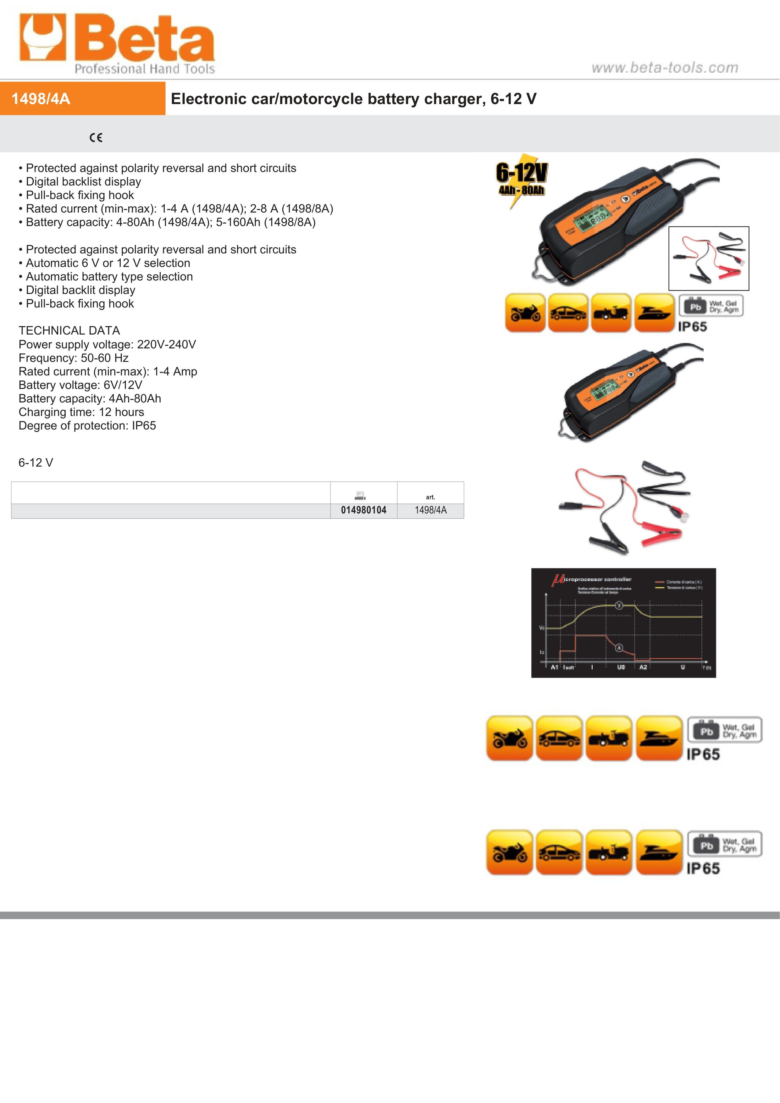 Electronic Car/Motorcycle Battery Charger 6V/12V 1A - 8A 4Ah - 160Ah - Beta Tools 1498/4A thumbnail 2