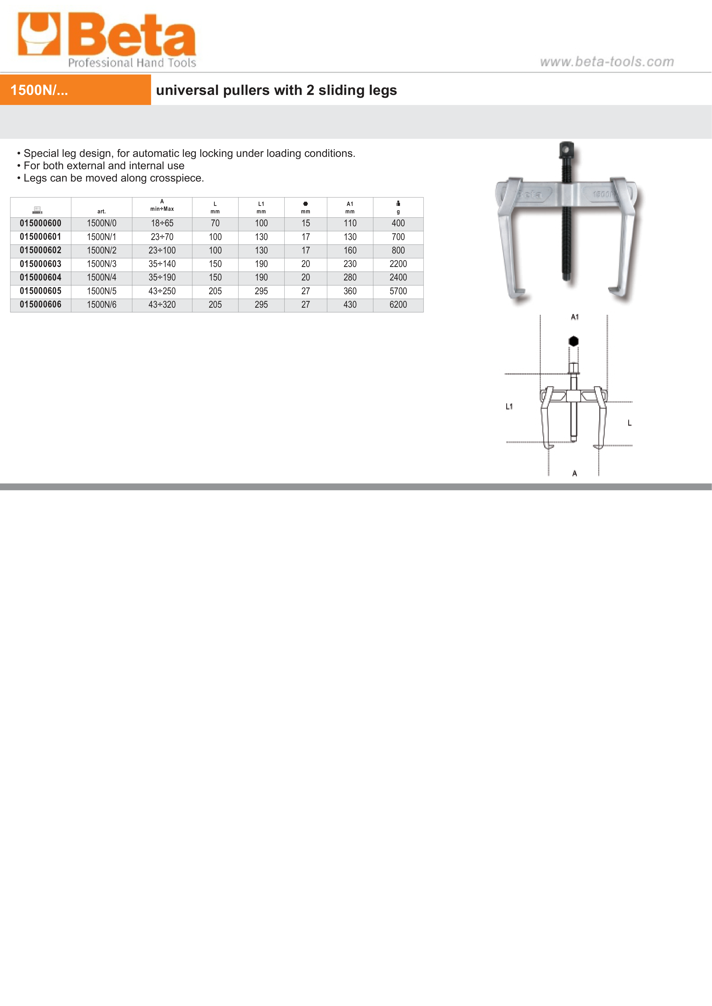 Universal Pullers with 2 Sliding Legs 18mm - 65mm - Beta Tools 1500N/0 thumbnail 3