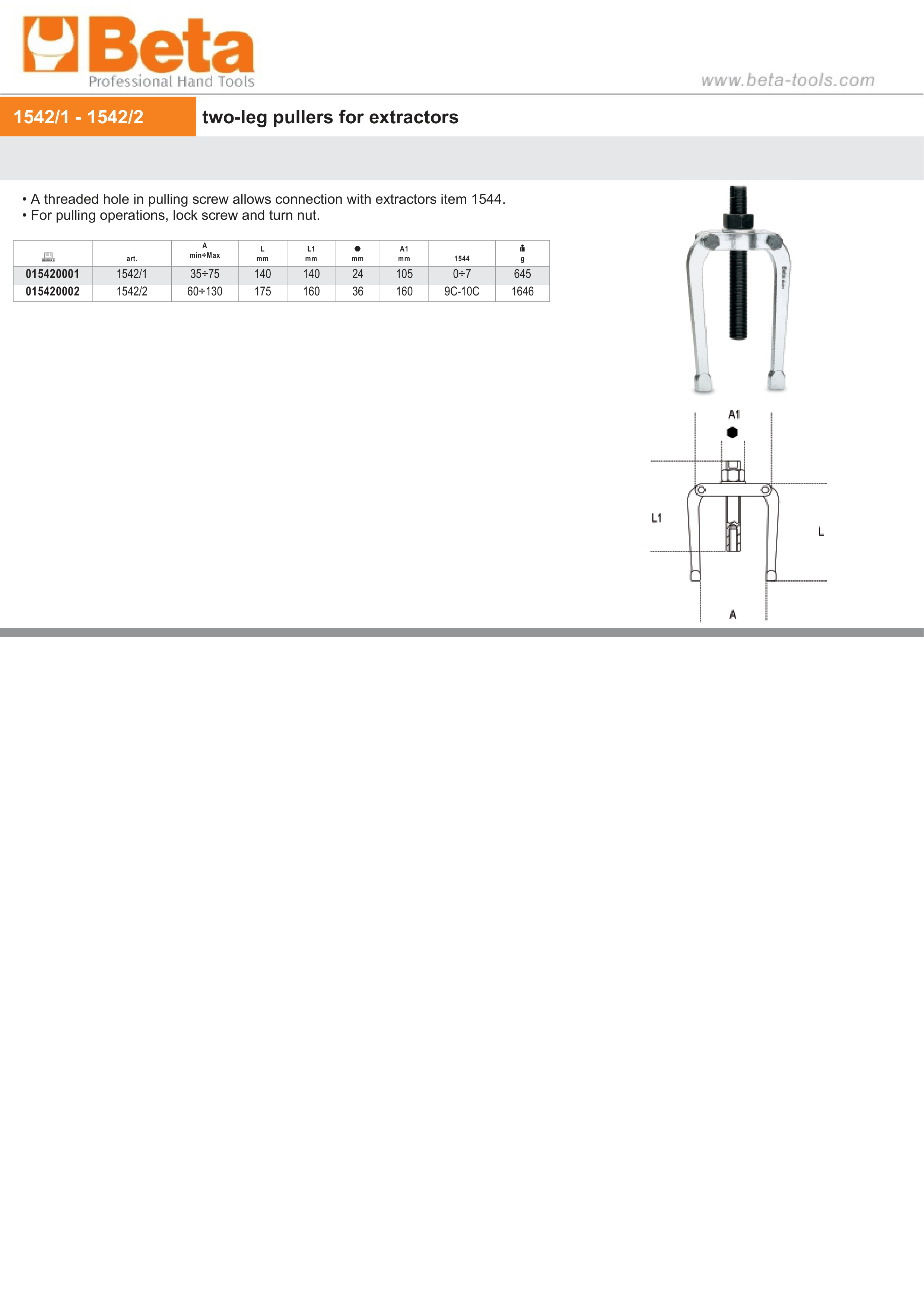 Two-Leg Pullers for Extractors 35mm - 75mm - Beta Tools 1542/1 thumbnail 2