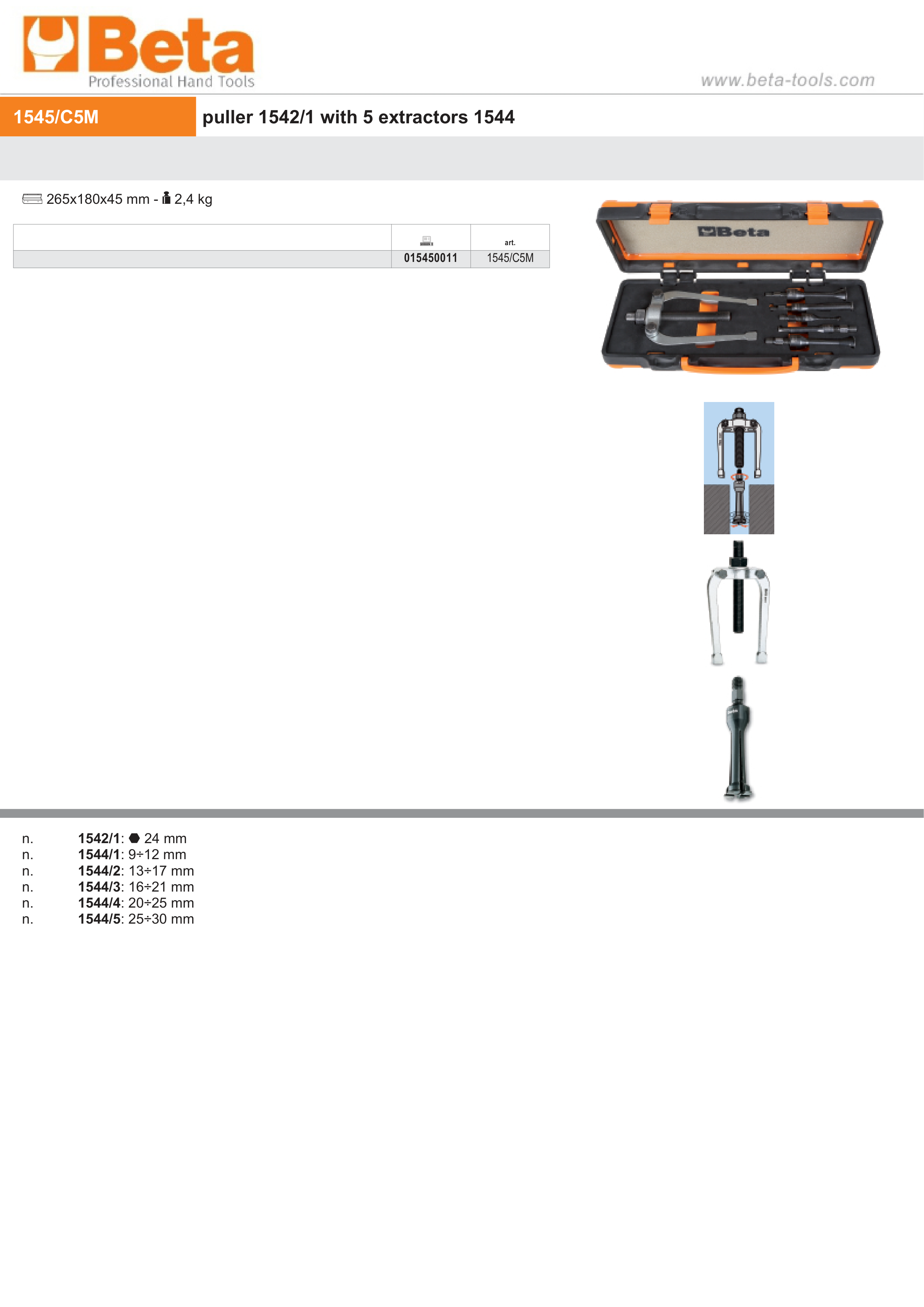 Puller with 5 Extractors 265mm x 180mm x 45mm - Beta Tools 1545/C5M thumbnail 5