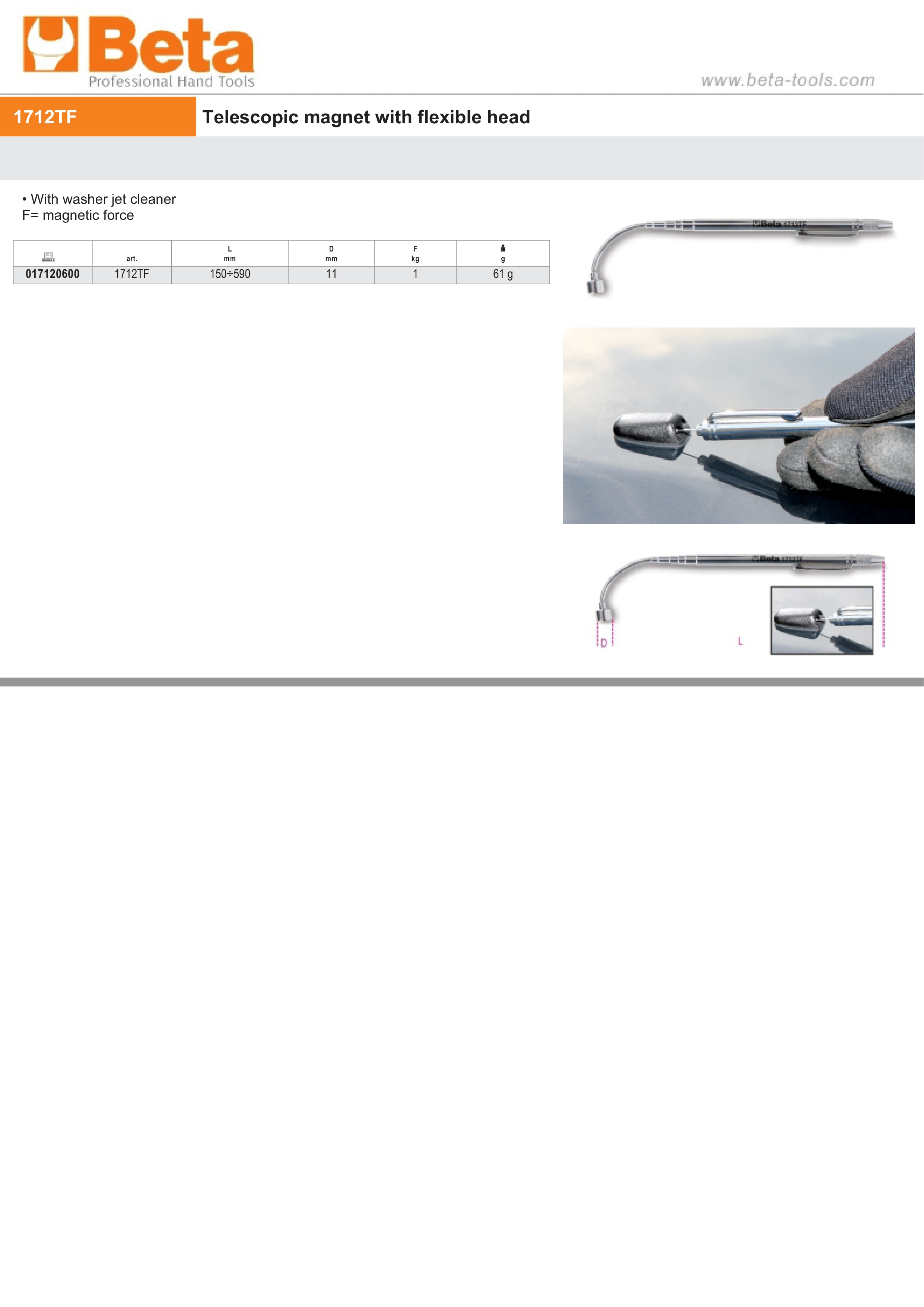 Telescopic Magnet with Flexible Head 150-590mm - Beta Tools 1712TF thumbnail 2