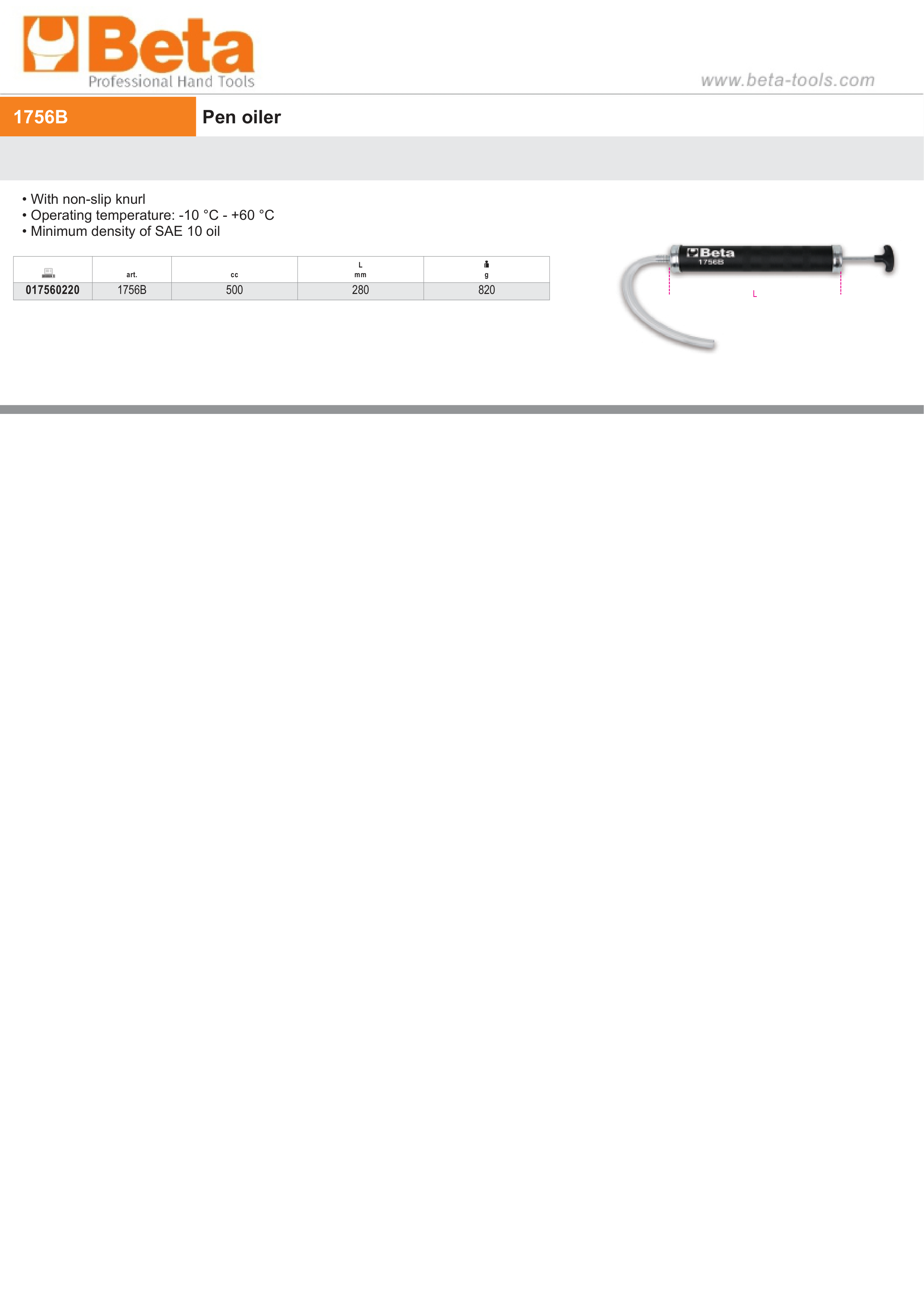 Pen Oiler with Non-Slip Knurl for SAE 10 Oil 500cc - Beta Tools 1756B thumbnail 2