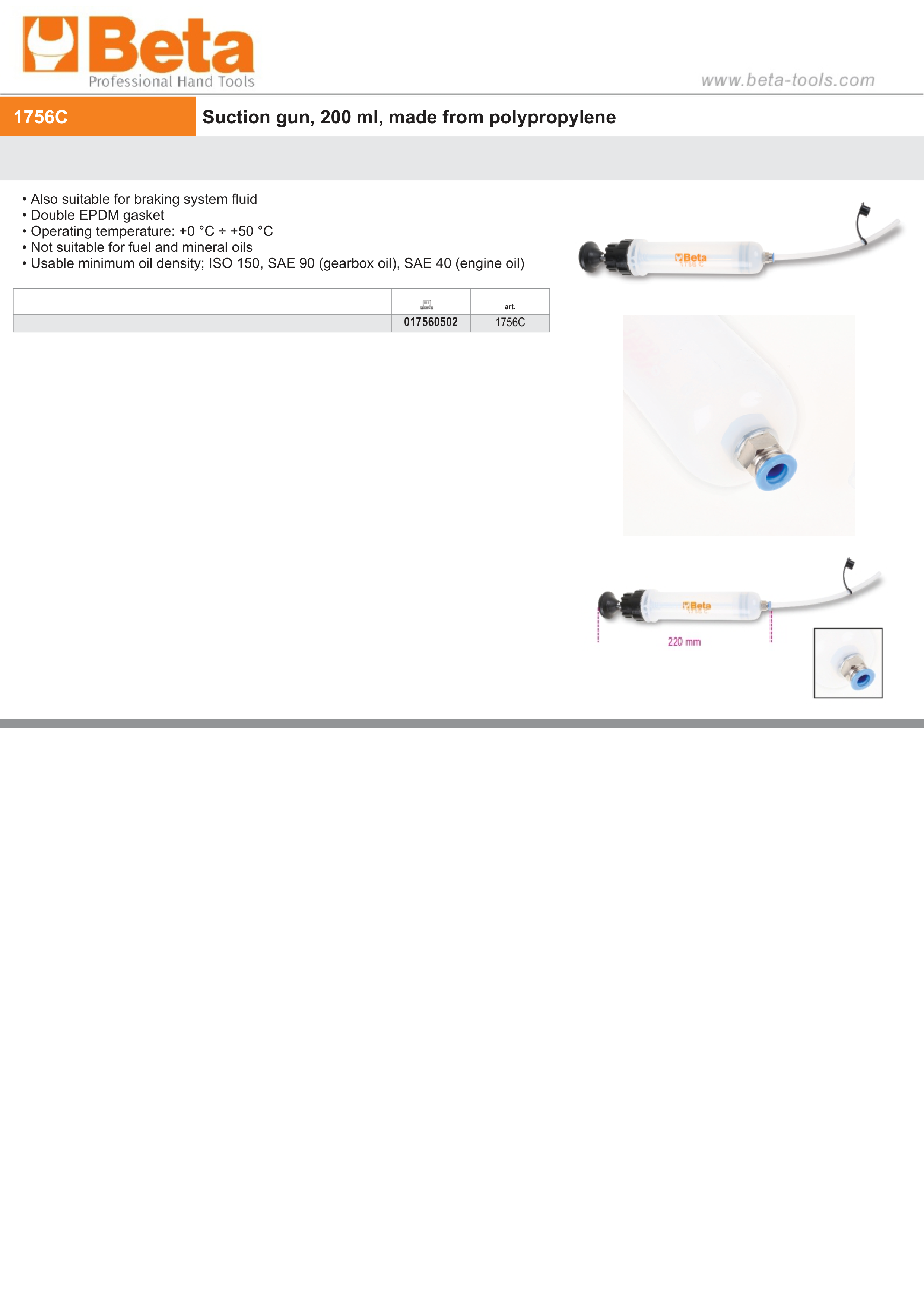 Suction Gun 200ml Polypropylene for Brake Fluid and High-Density Oils - Beta Tools 1756C thumbnail 4