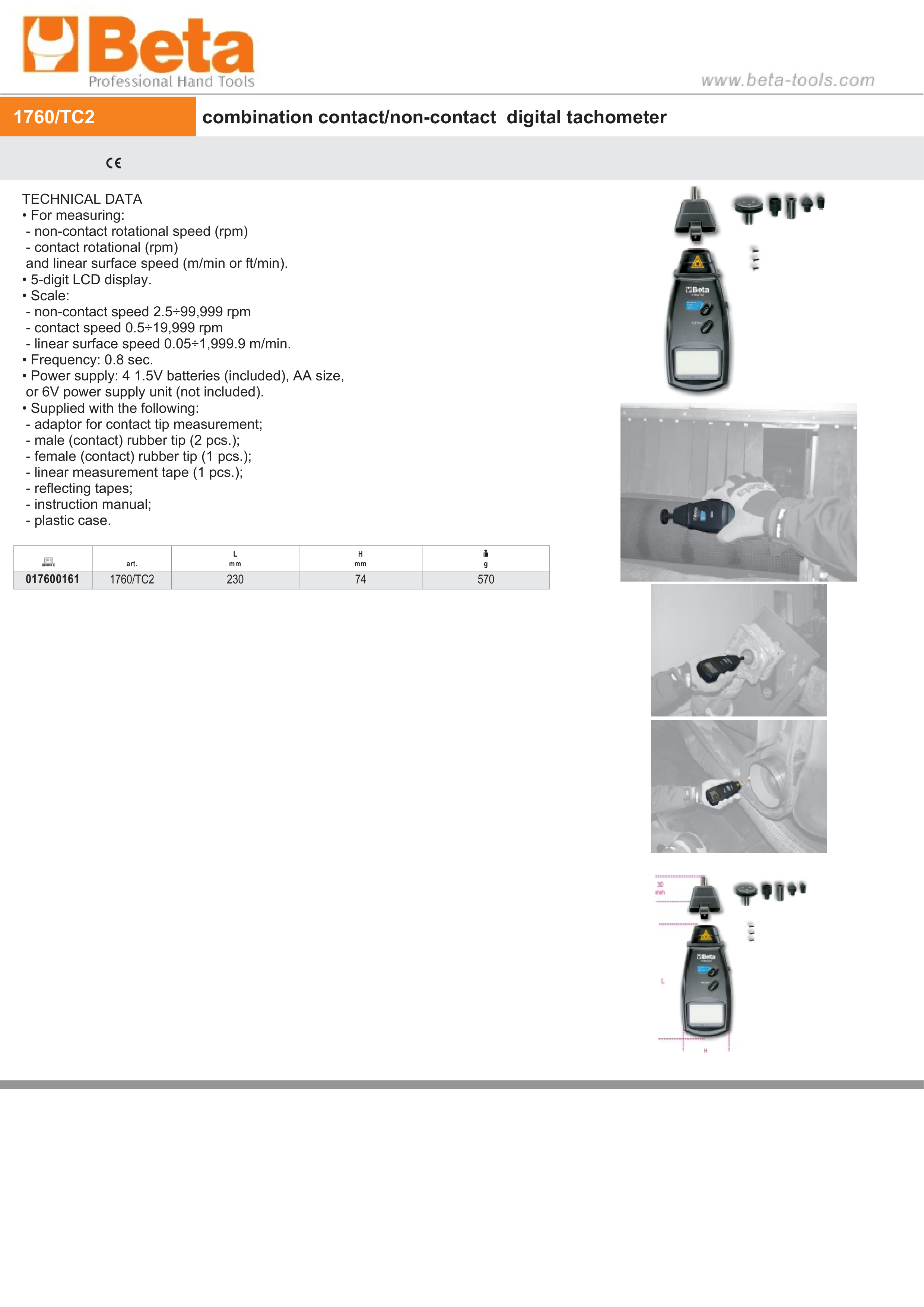 Combination Contact/Non-Contact Digital Tachometer 2.5-99,999 RPM 230mm - Beta Tools 1760/TC2 thumbnail 7