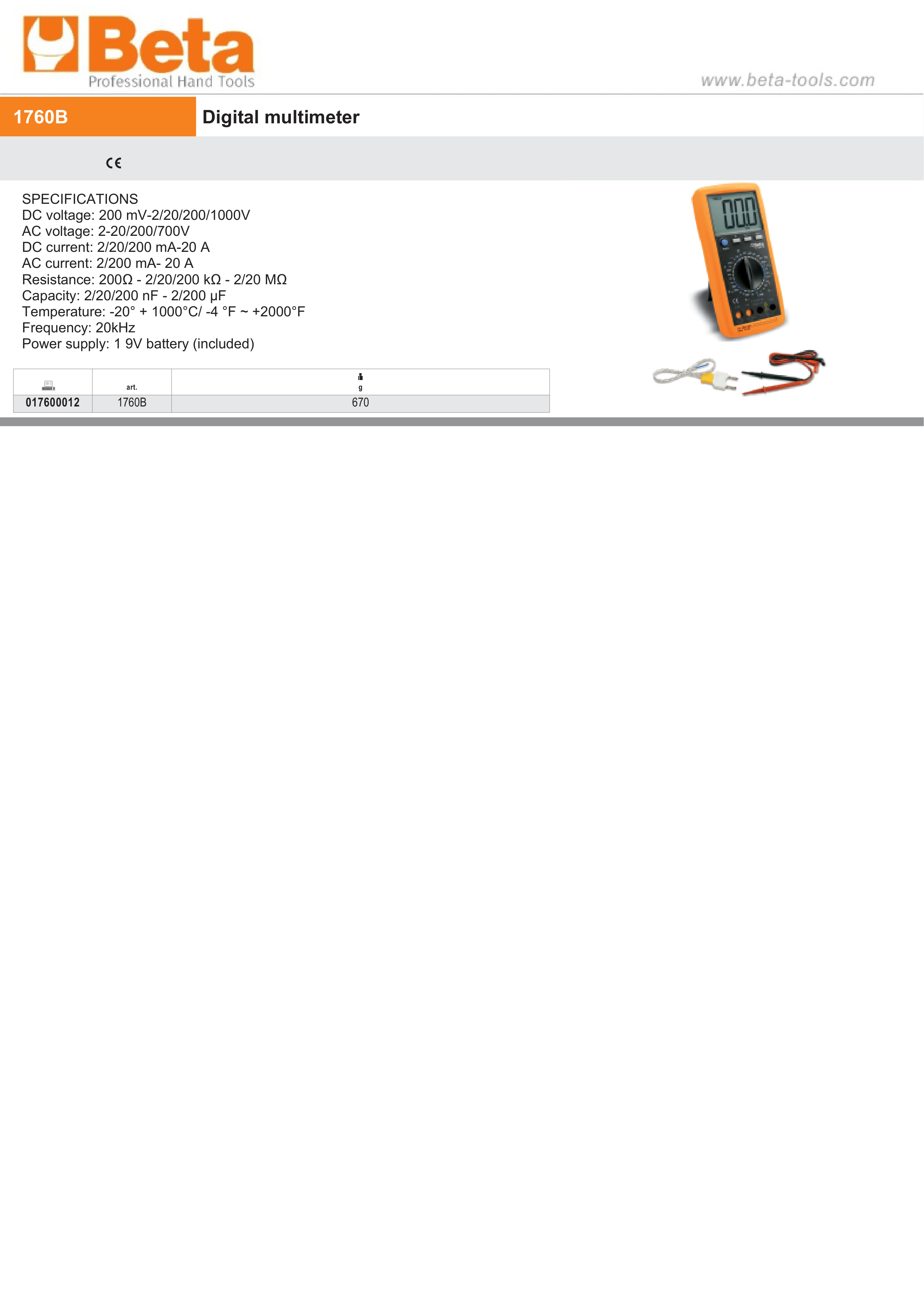 Digital Multimeter with Temperature and Frequency Measurement - Beta Tools 1760B thumbnail 2