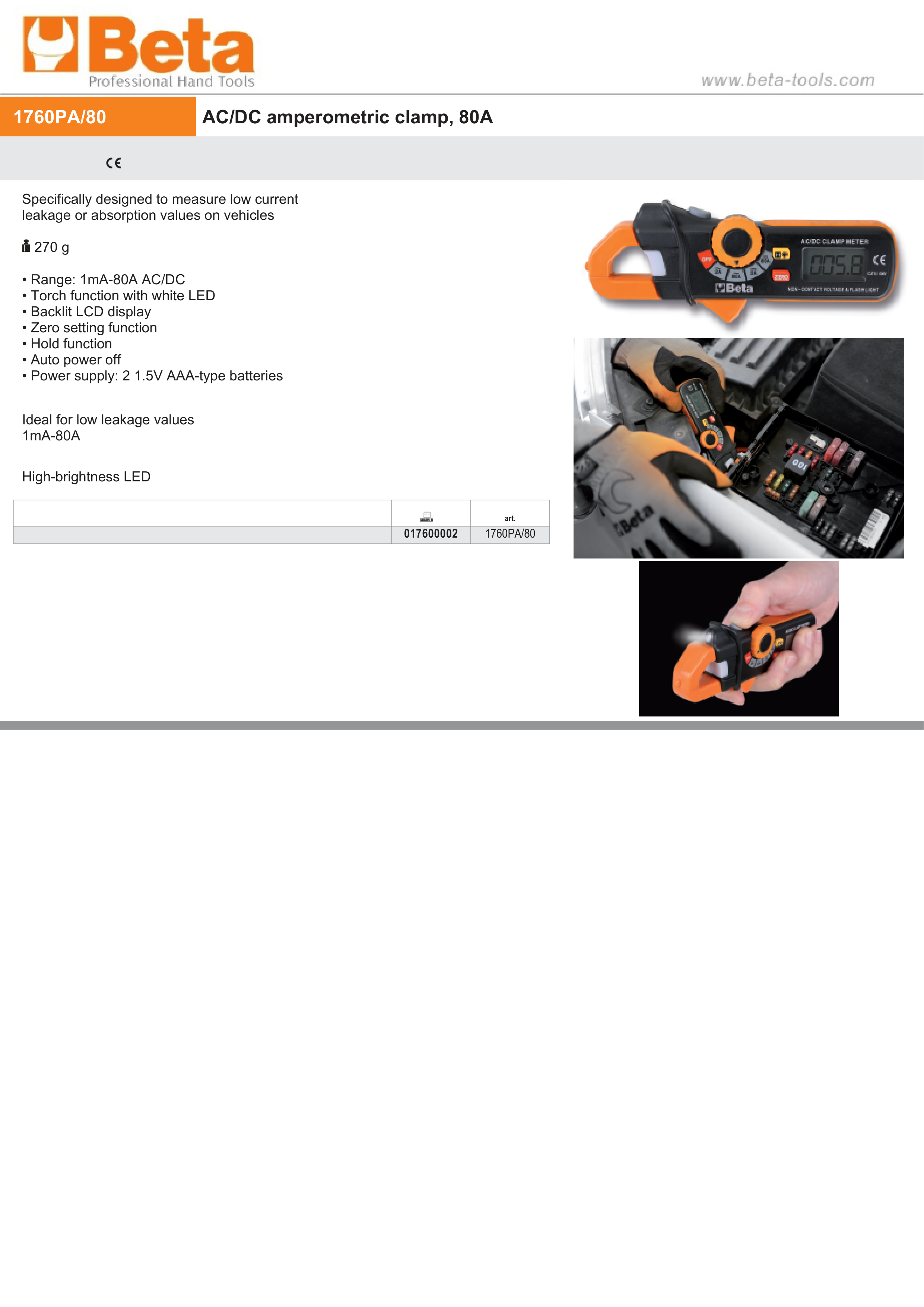 AC/DC Amperometric Clamp 1mA-80A with LED - Beta Tools 1760PA/80 thumbnail 2