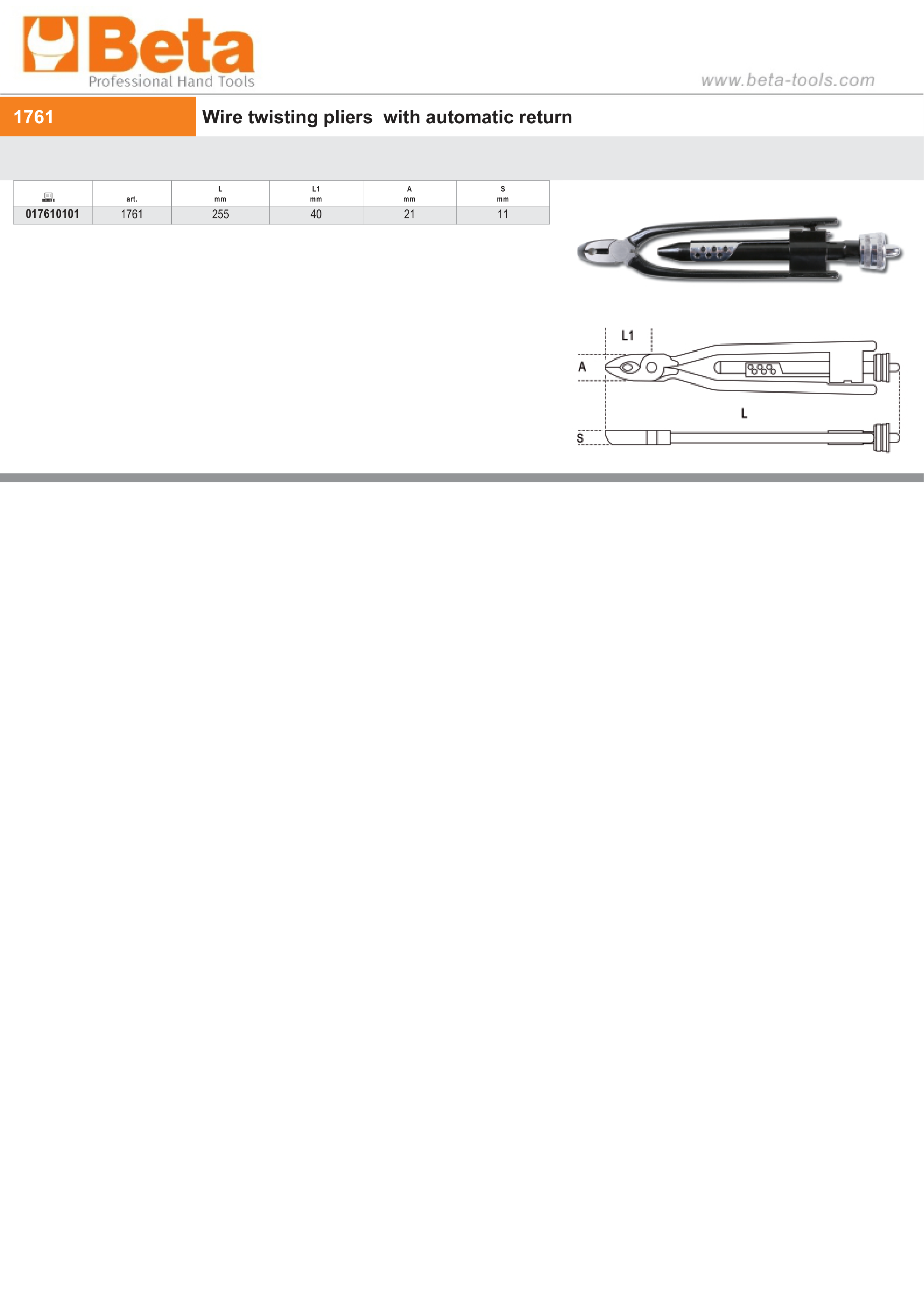 Wire Twisting Pliers with Automatic Return 255mm - Beta Tools 1761 thumbnail 2