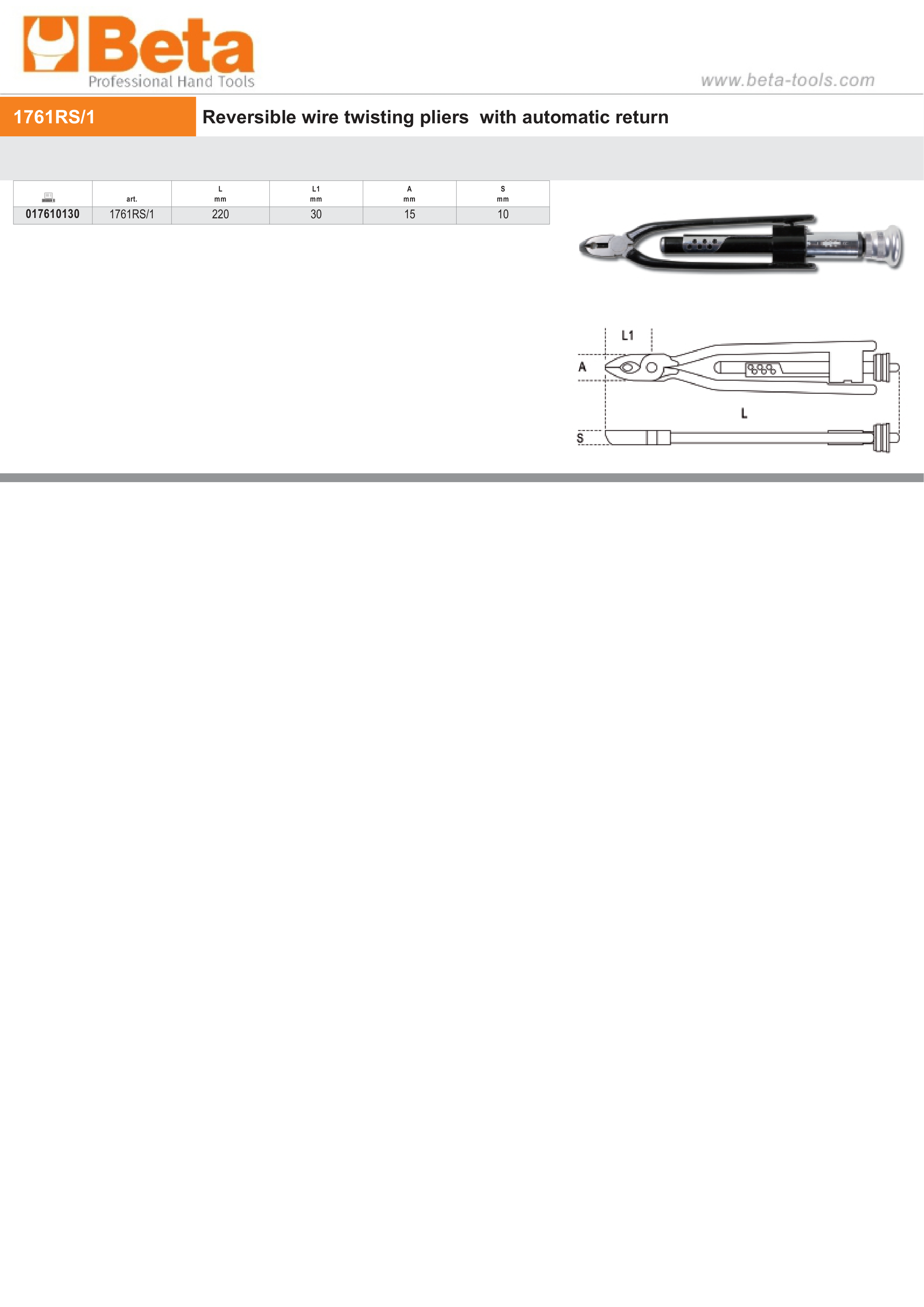 Reversible Wire Twisting Pliers with Automatic Return 220mm - Beta Tools 1761RS/1 thumbnail 3