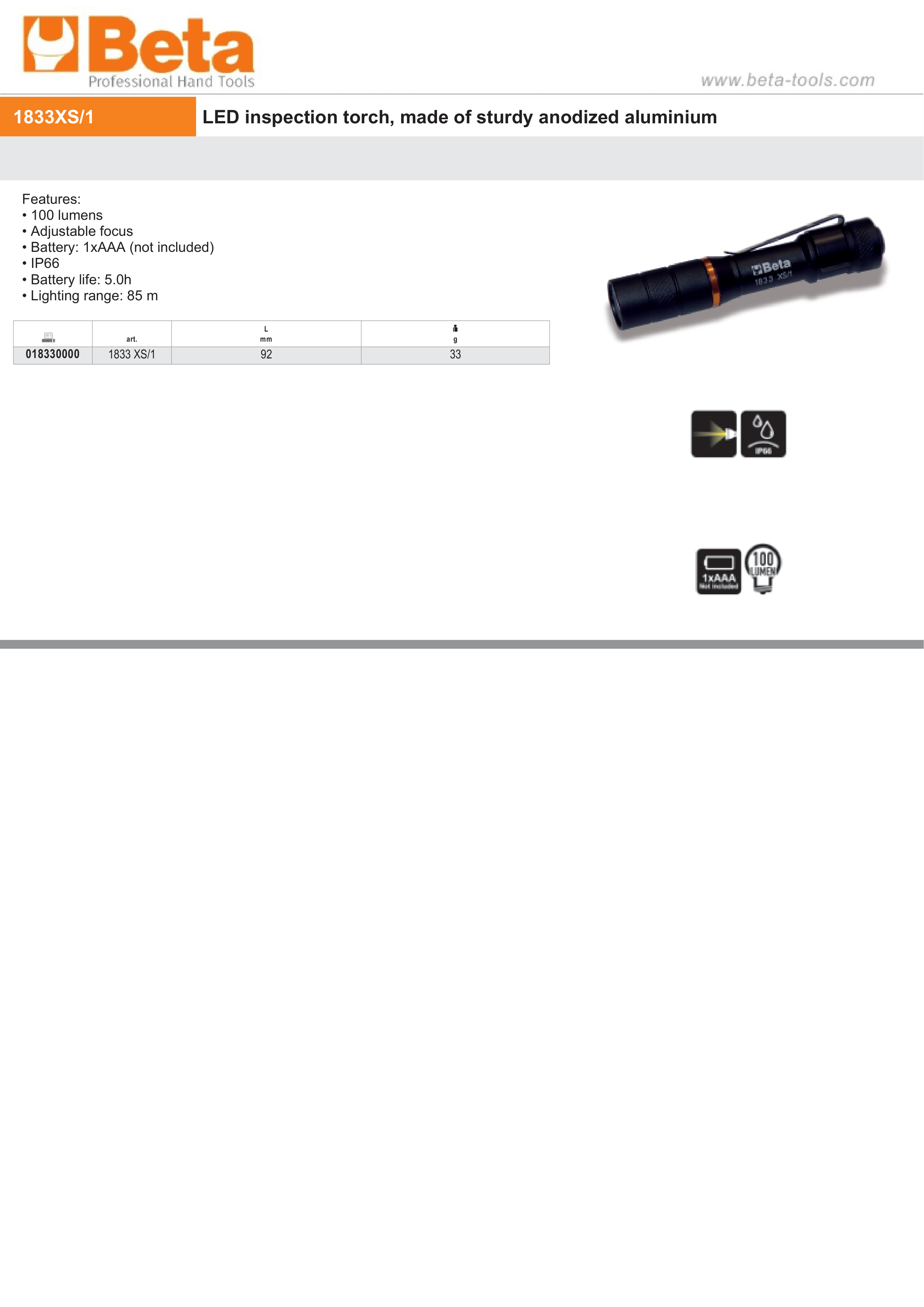 LED Inspection Torch Anodized Aluminum 100 Lumens 92mm - Beta Tools 1833 XS/1 thumbnail 4