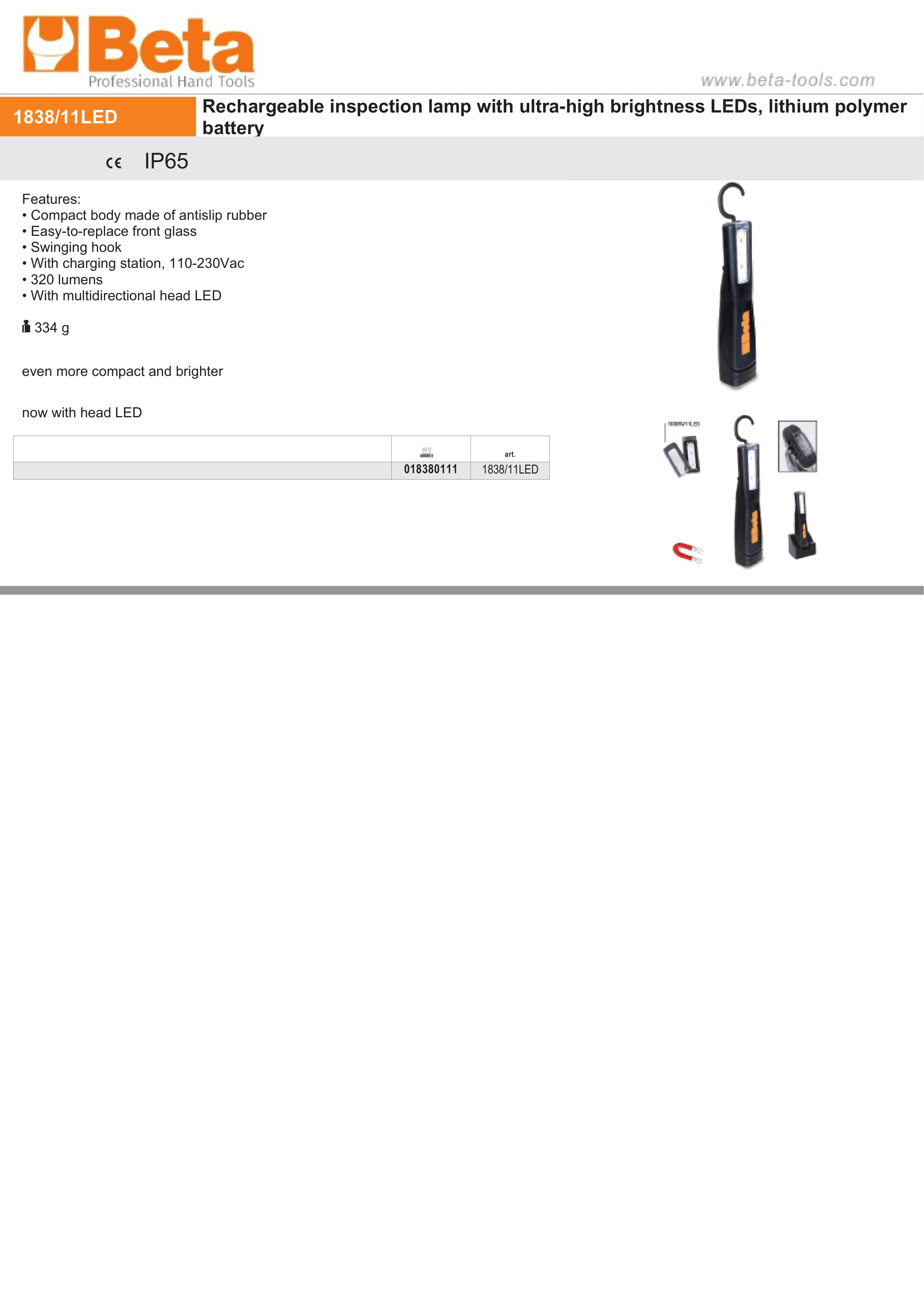 Rechargeable Inspection Lamp Ultra-High Brightness LEDs 320 Lumens - Beta Tools 1838/11LED thumbnail 3
