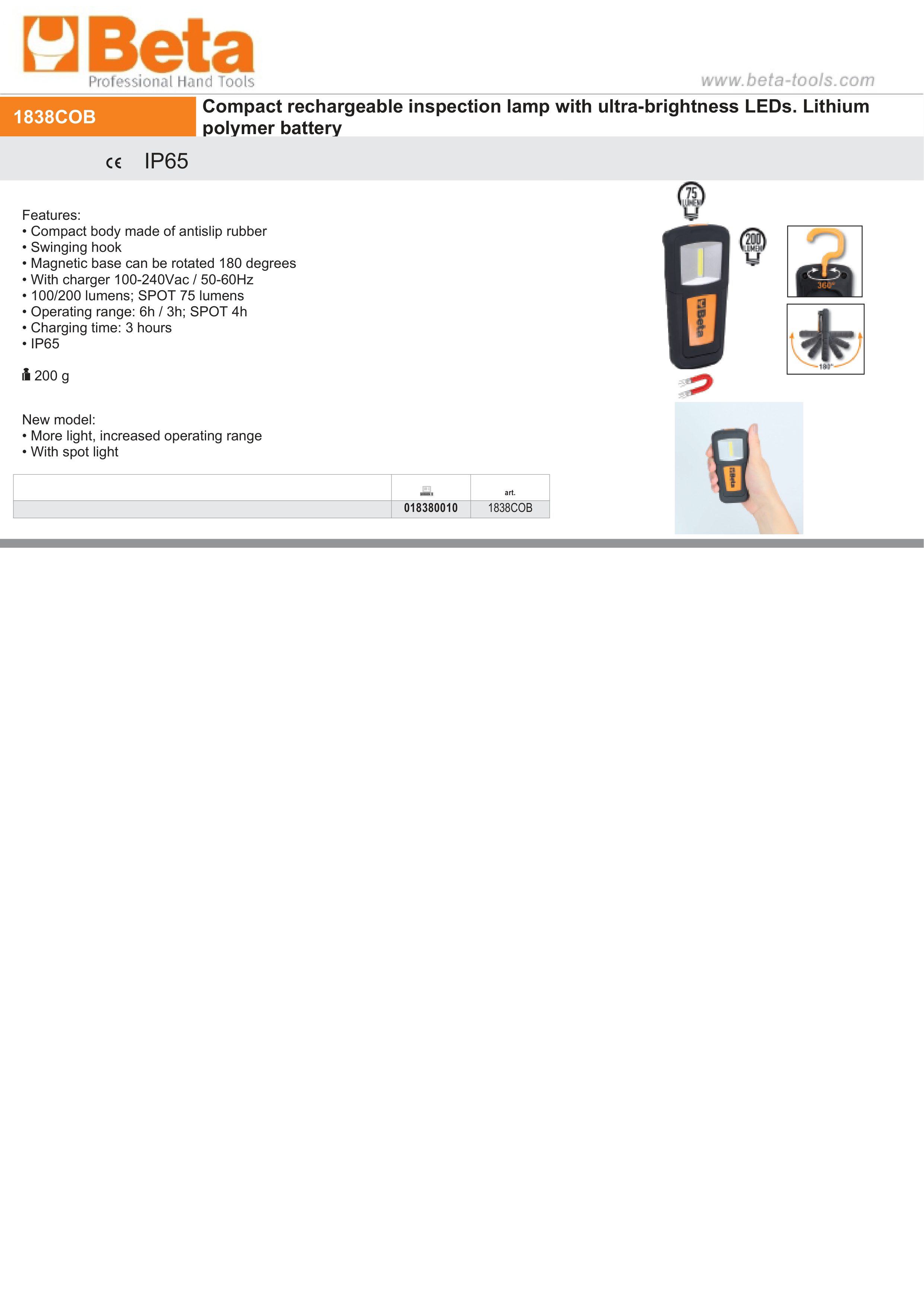 Compact Rechargeable Inspection Lamp Ultra-Bright LEDs 100-200 Lumens Spot 75 Lumens - Beta Tools 1838COB thumbnail 3
