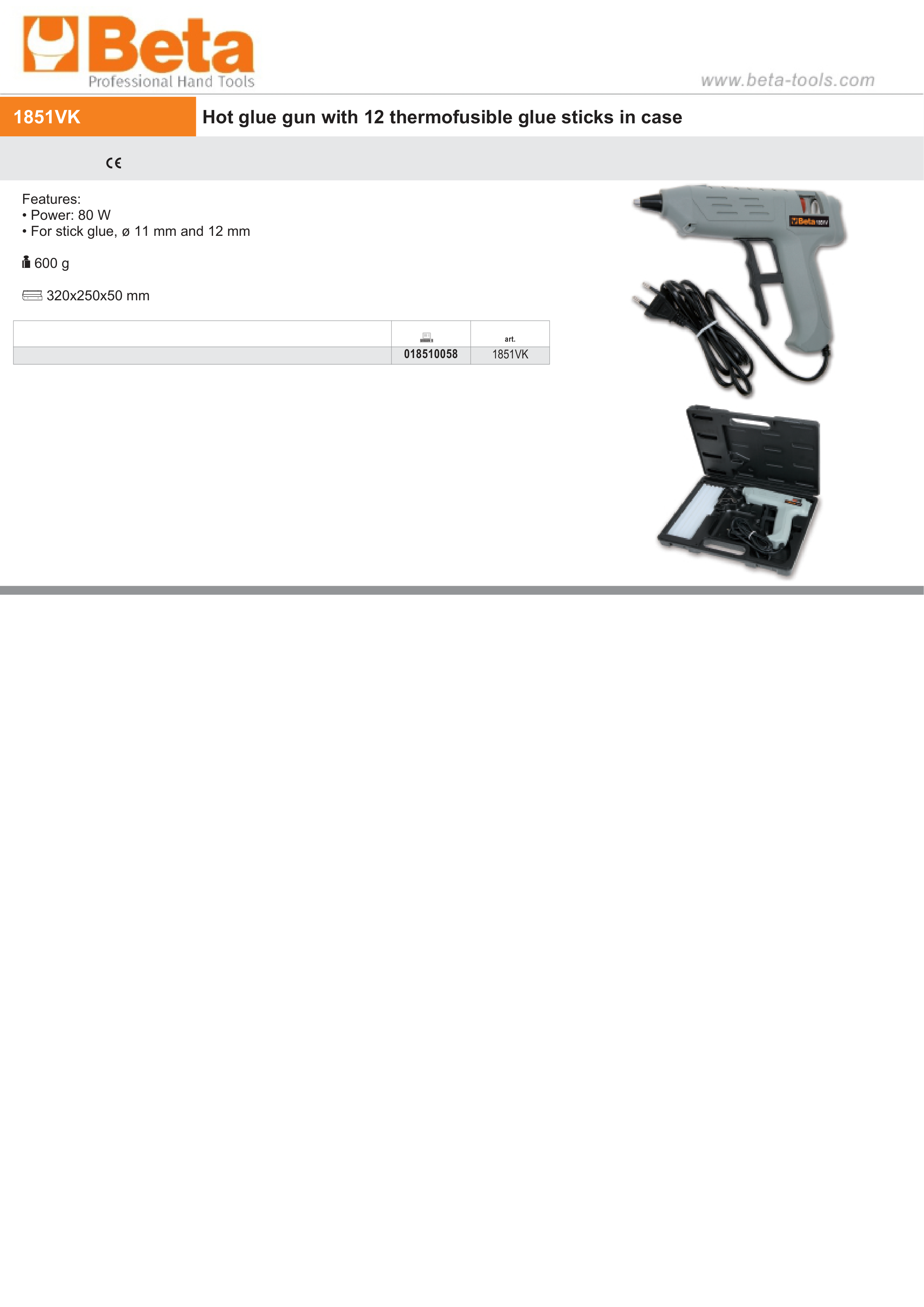 Hot Glue Gun with 12 Thermofusible Glue Sticks 11mm - 12mm - Beta Tools 1851VK thumbnail 2