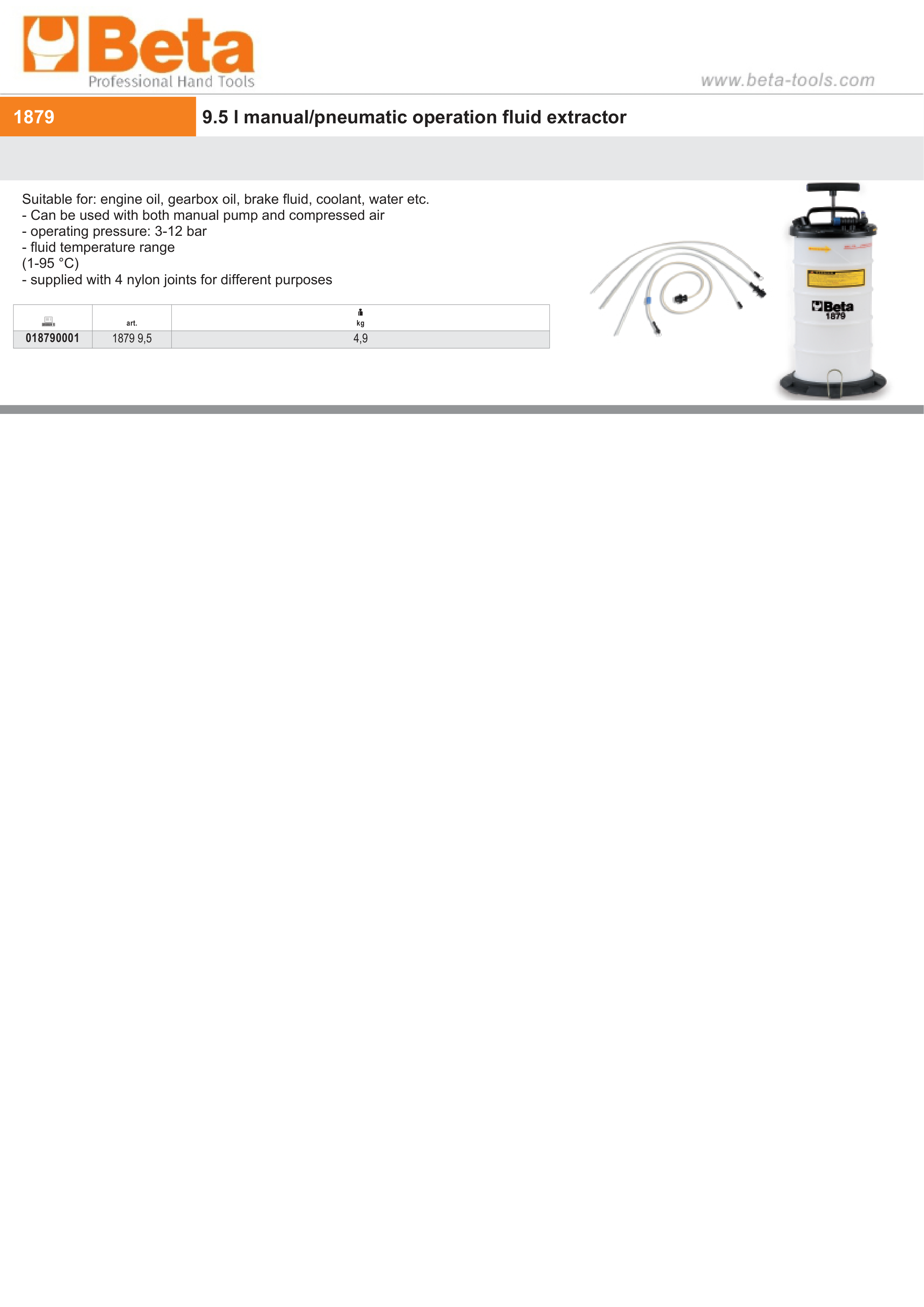 Manual/Pneumatic Fluid Extractor 9.5L with Nylon Joints - Beta Tools 1879 9,5 thumbnail 2