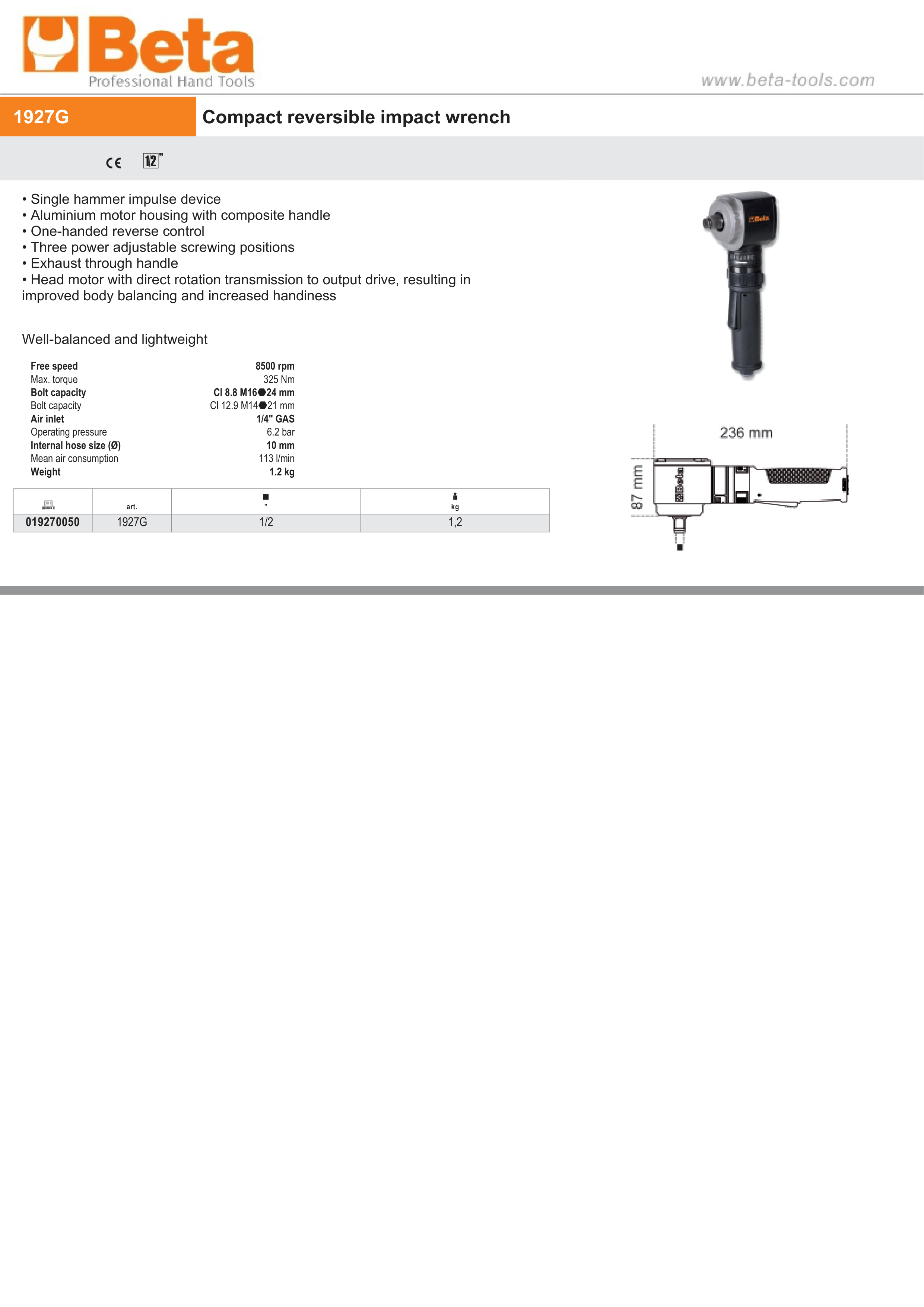 Compact Reversible Impact Wrench 1/2 Lightweight - Beta Tools 1927G thumbnail 4