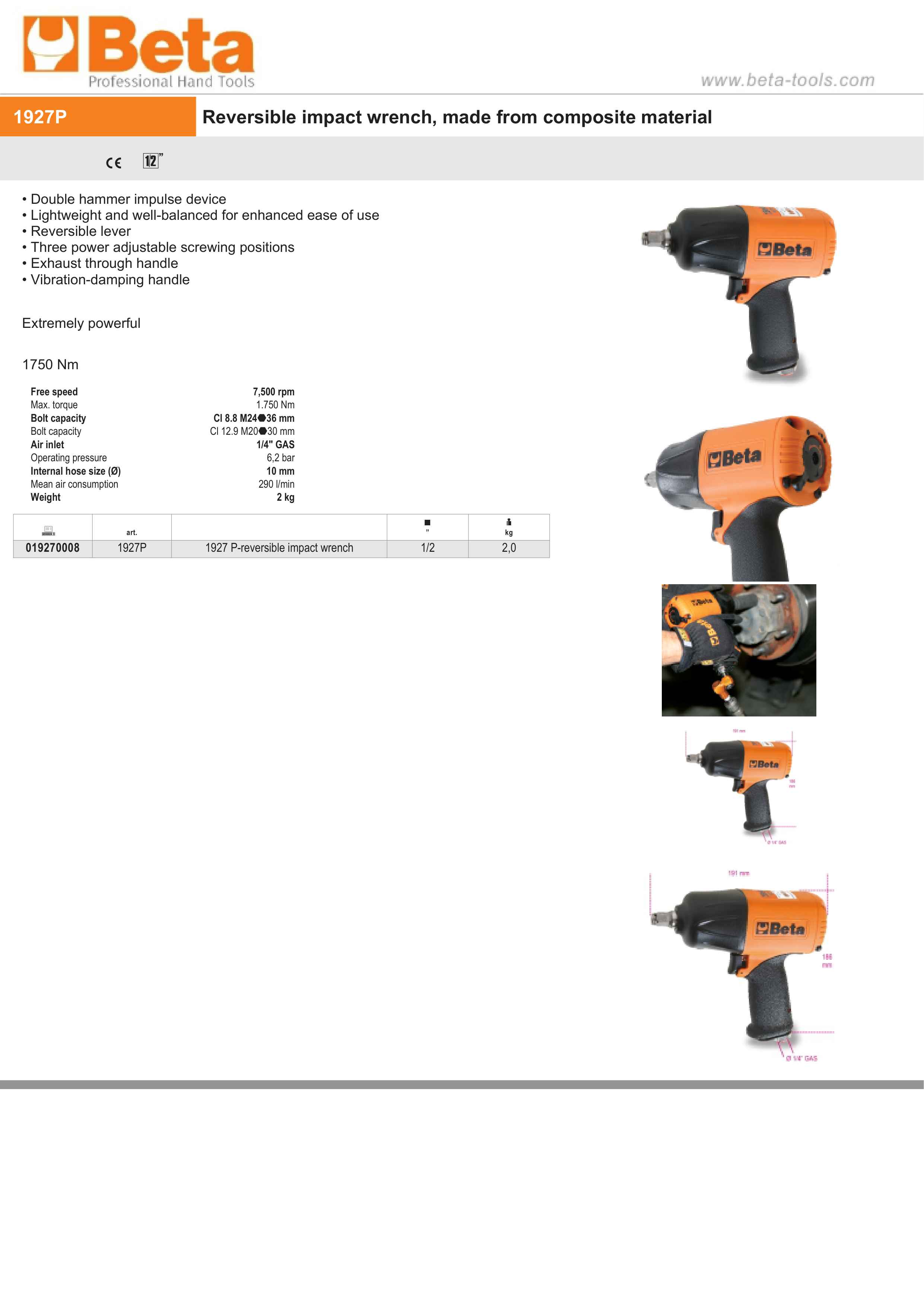 Reversible Impact Wrench 1/2 Composite Material 1750Nm - Beta Tools 1927P thumbnail 5