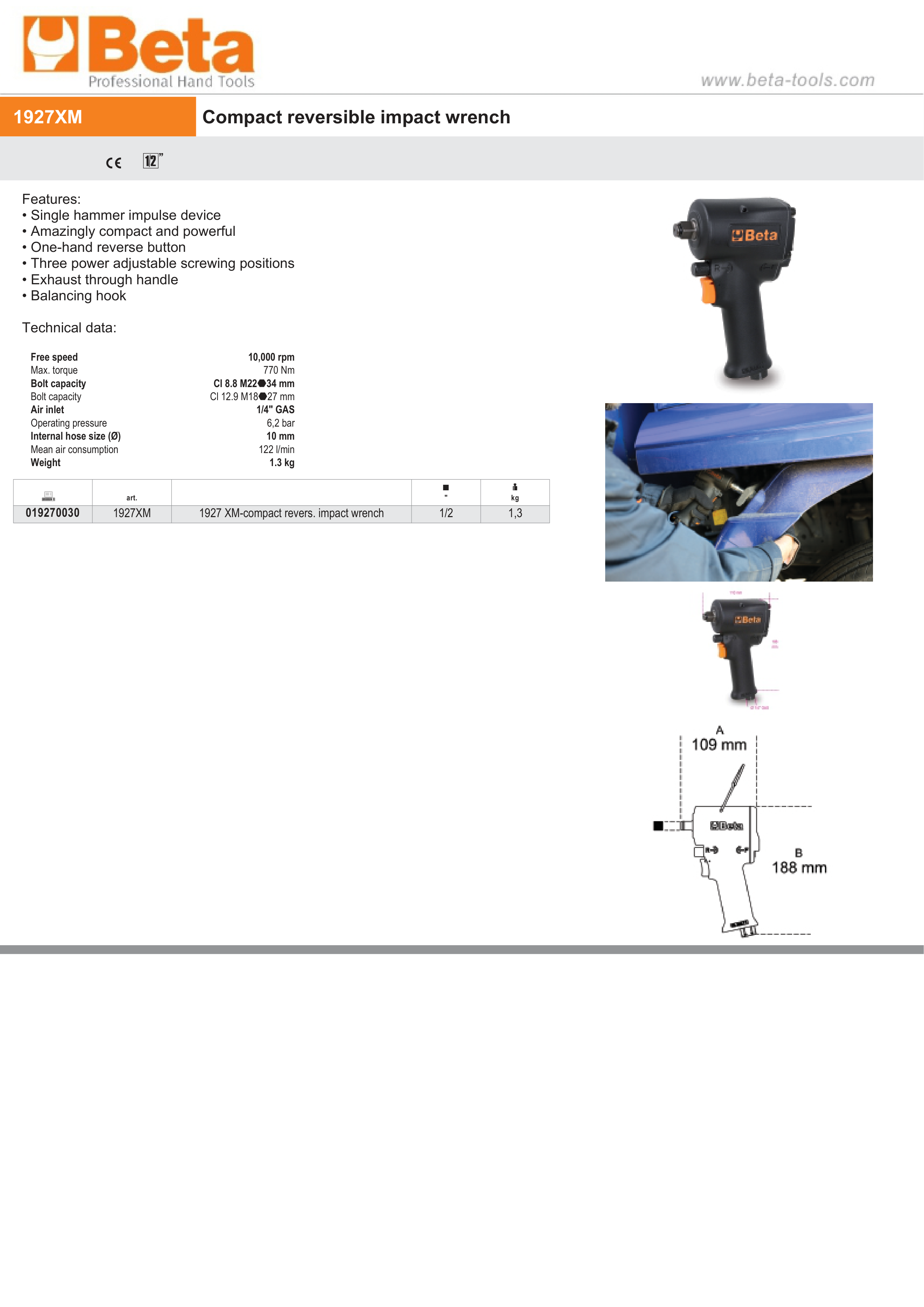 Compact Reversible Impact Wrench 1/2 - Beta Tools 1927XM thumbnail 3