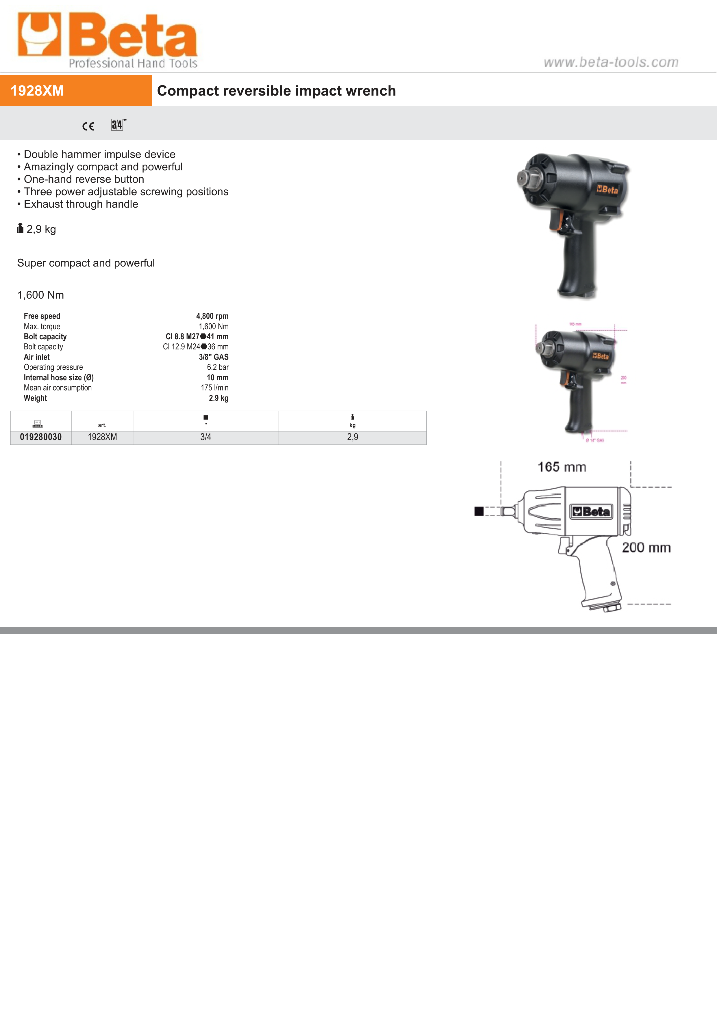 Compact Reversible Impact Wrench 3/4 1600 Nm - Beta Tools 1928XM thumbnail 5