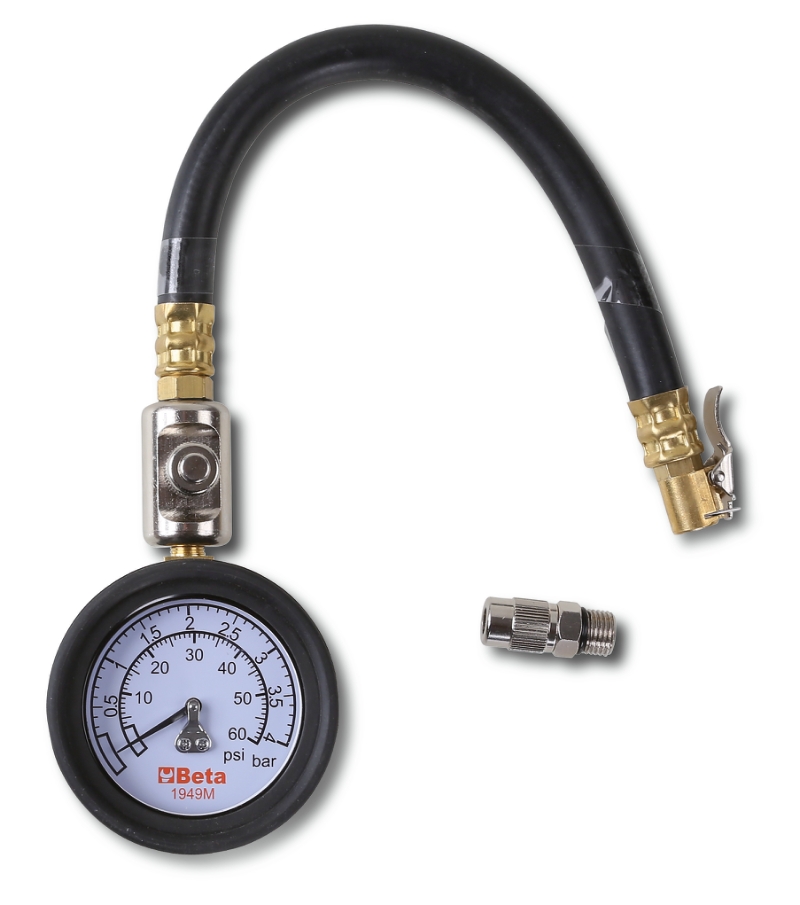Tyre Pressure Tester 0-4 Bars with Shockproof Rubber Gauge and 290mm Hose - Beta Tools 1949M image 1