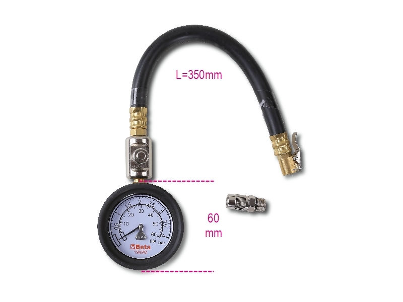 Tyre Pressure Tester 0-4 Bars with Shockproof Rubber Gauge and 290mm Hose - Beta Tools 1949M thumbnail 7