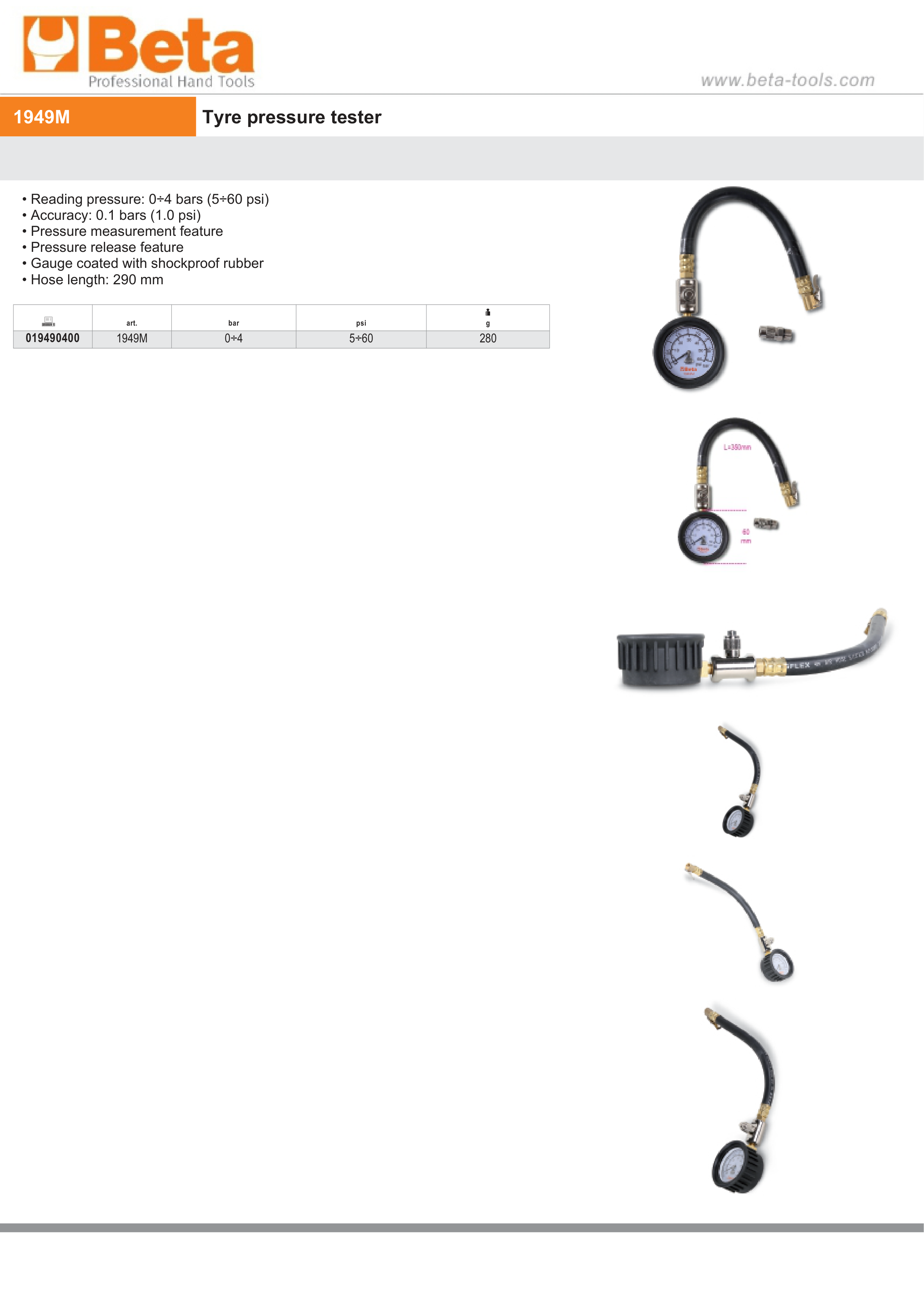 Tyre Pressure Tester 0-4 Bars with Shockproof Rubber Gauge and 290mm Hose - Beta Tools 1949M thumbnail 3