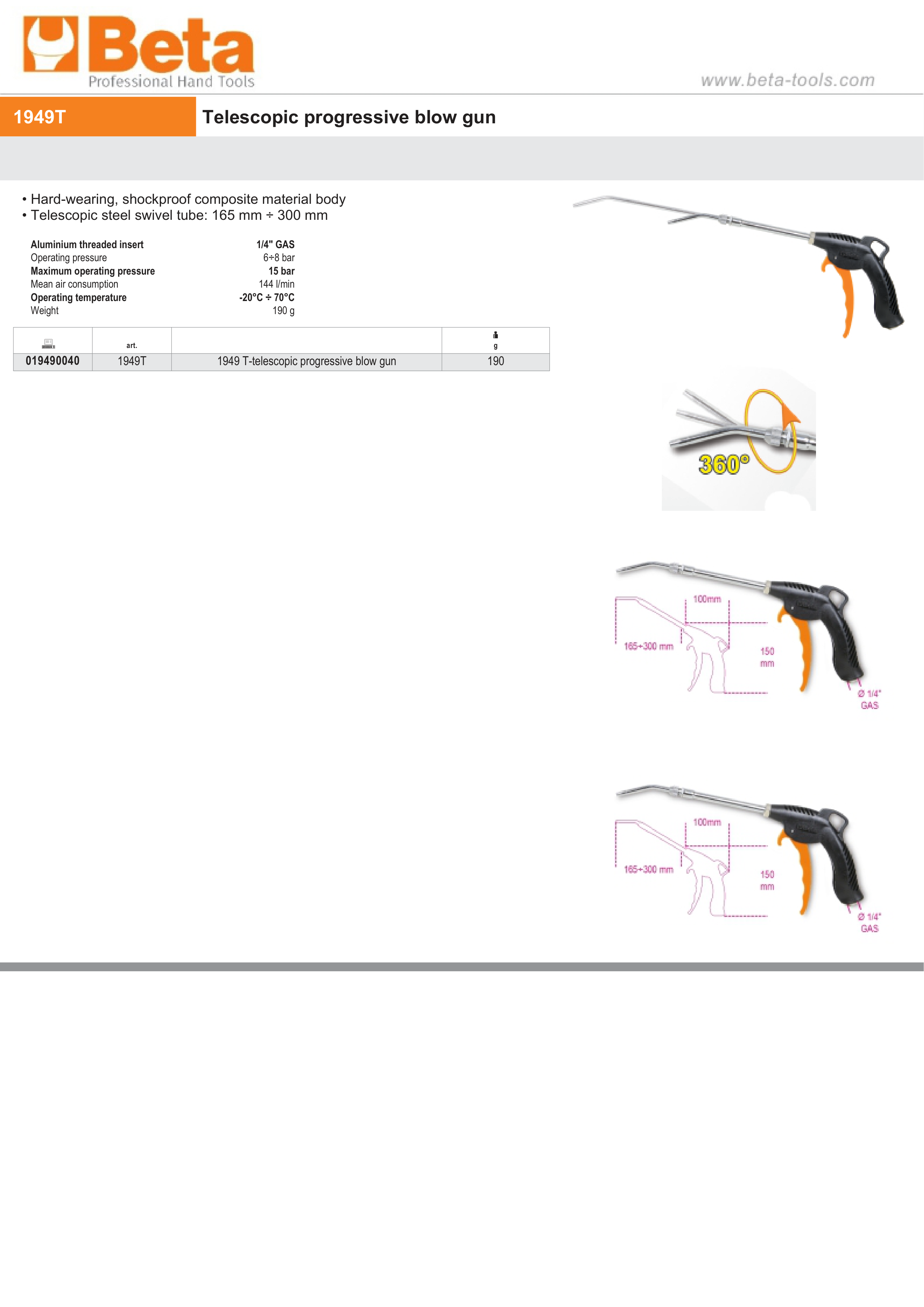 Telescopic Progressive Blow Gun with Swivel Tube 165mm-300mm - Beta Tools 1949T thumbnail 3