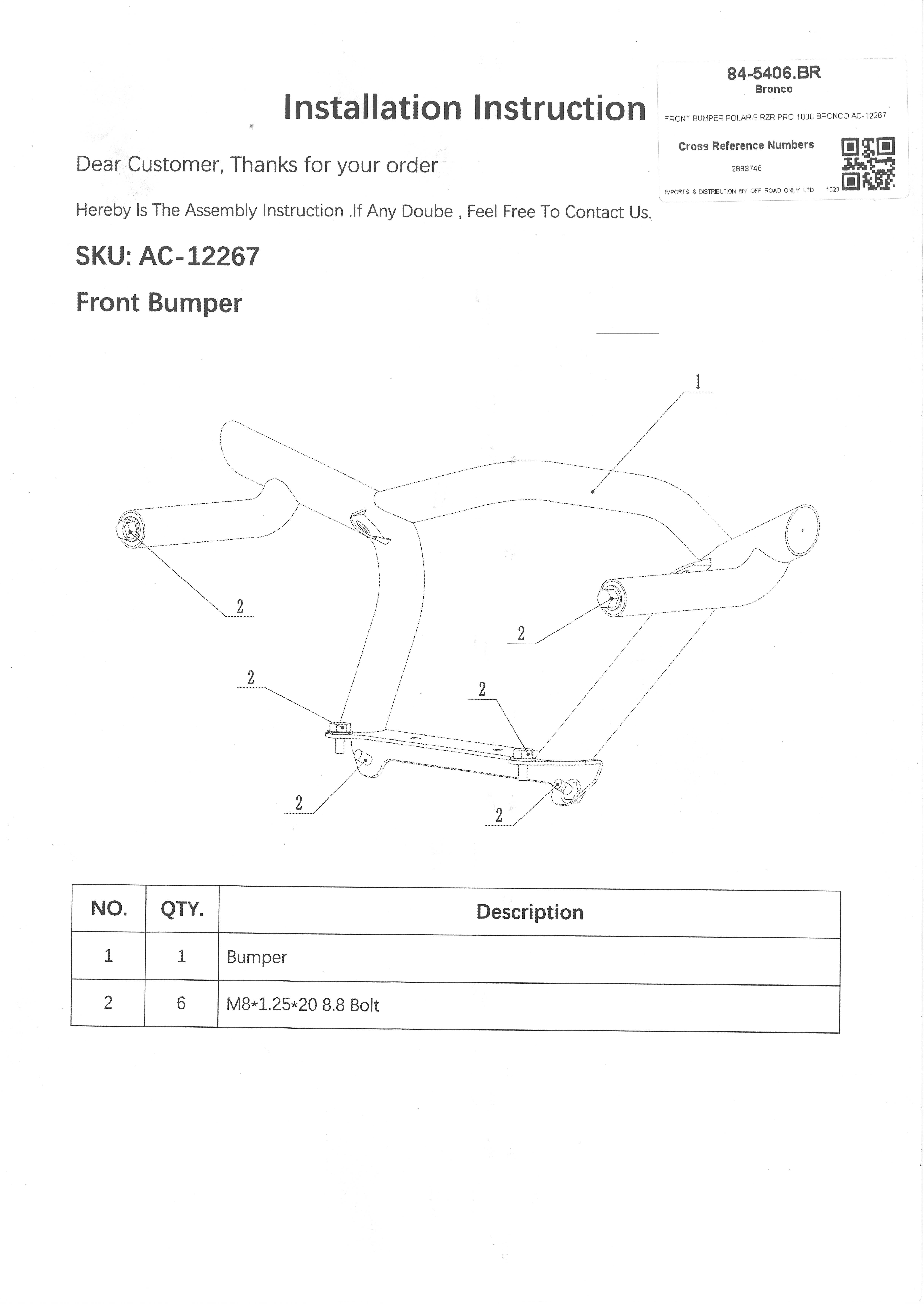 £25+ VAT CLEARANCE, FRONT BUMPER POLARIS RZR PRO 1000 BRONCO AC-12267 thumbnail 2